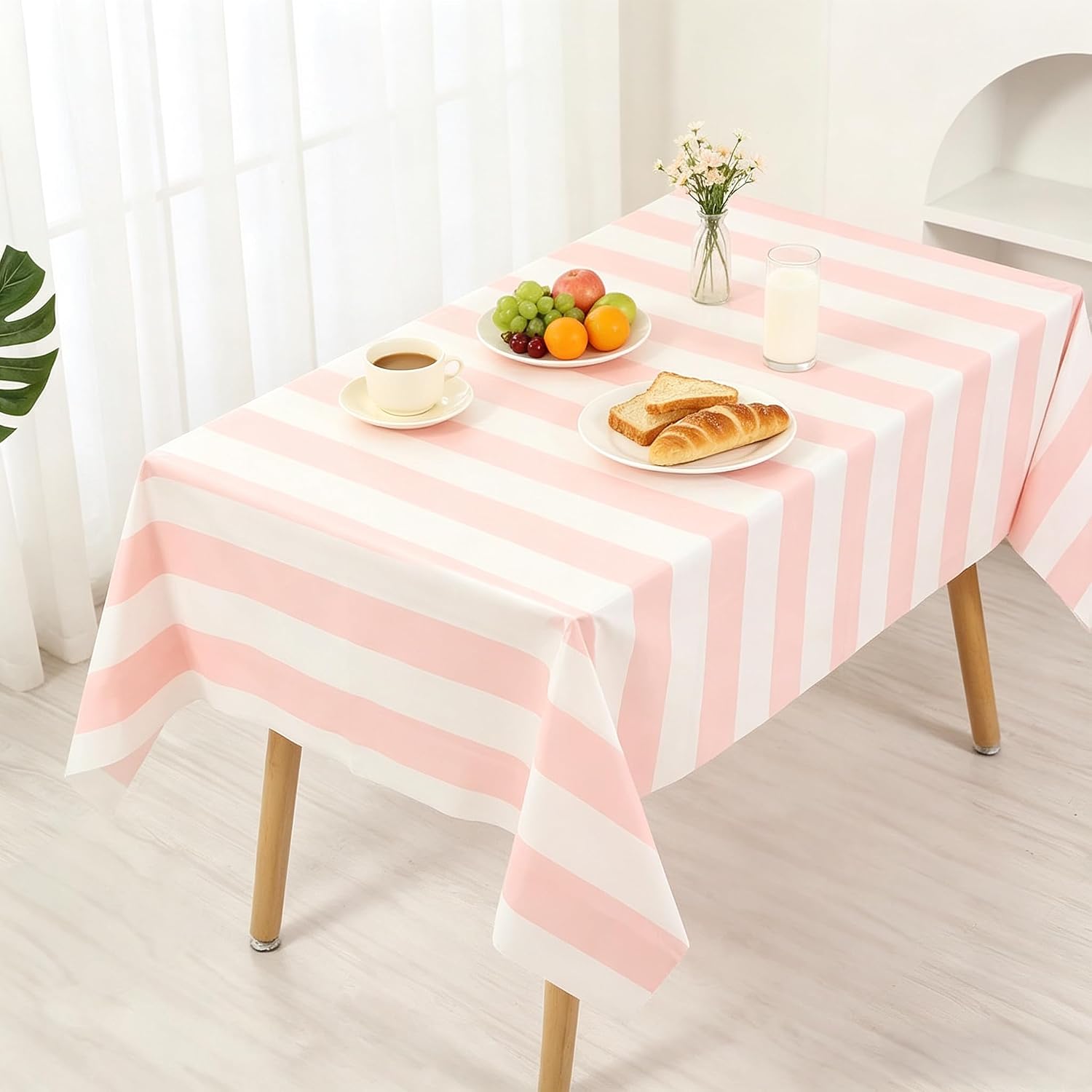 Pink Striped Waterproof Tablecloth for Home & Party