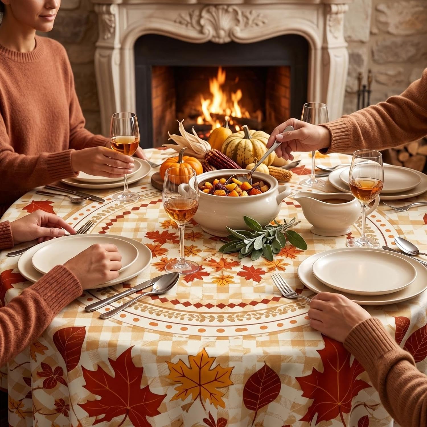 Maple Leaf Fall Round Tablecloth 60 Inch, Autumn Decor