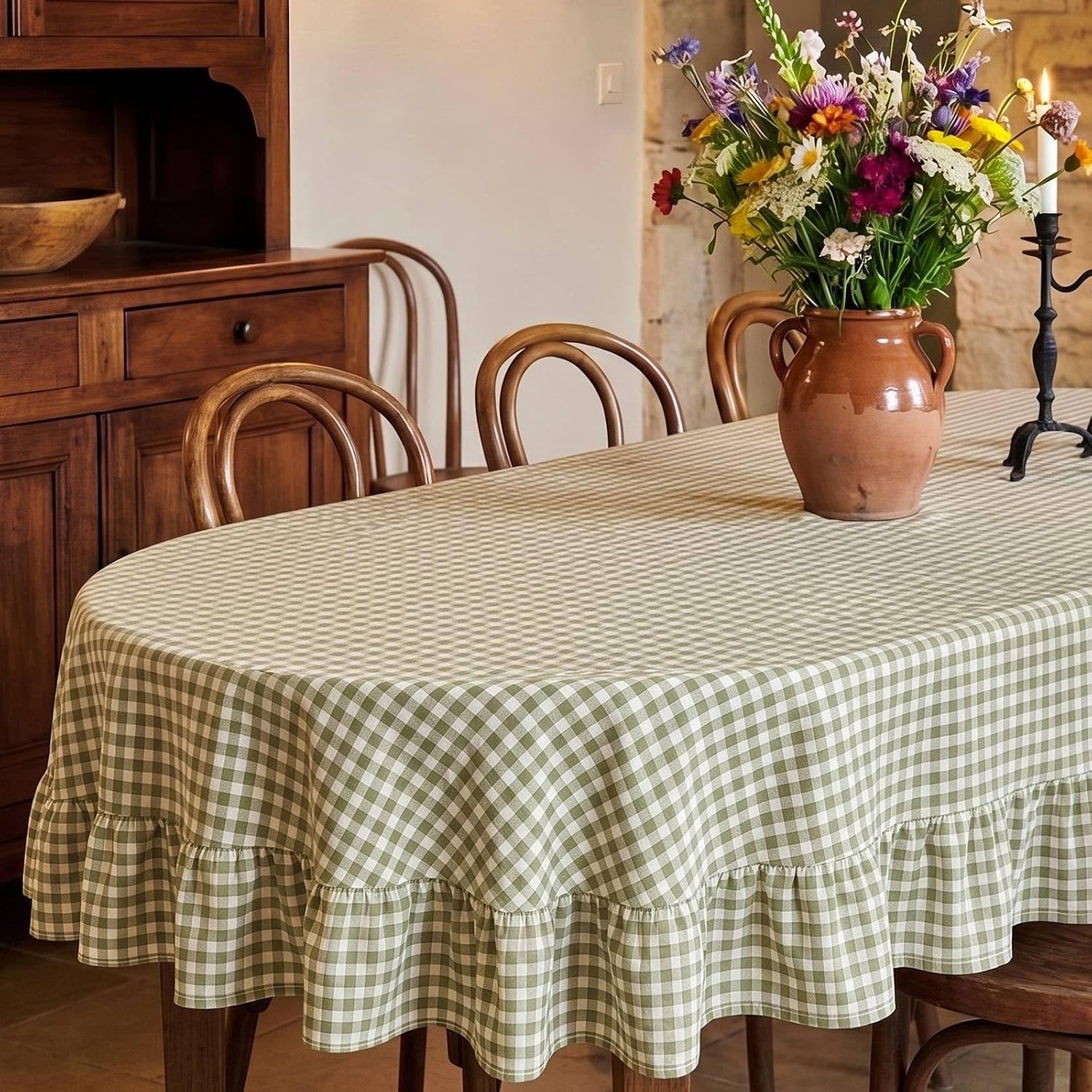 Ruffled Gingham Tablecloth 52×70 Inch, Rectangular