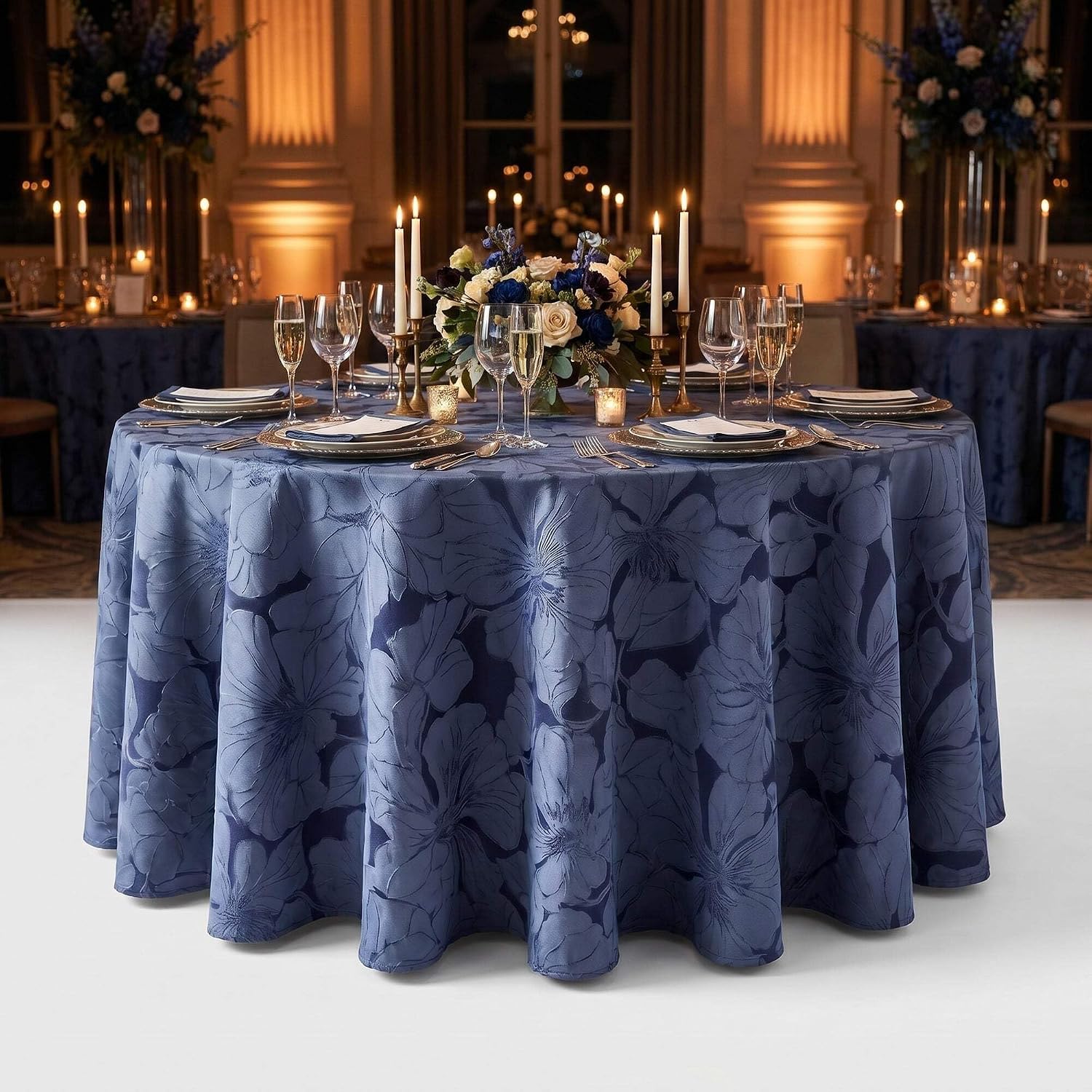 Navy Floral Jacquard Polyester Tablecloth, Custom Size Dining Cover