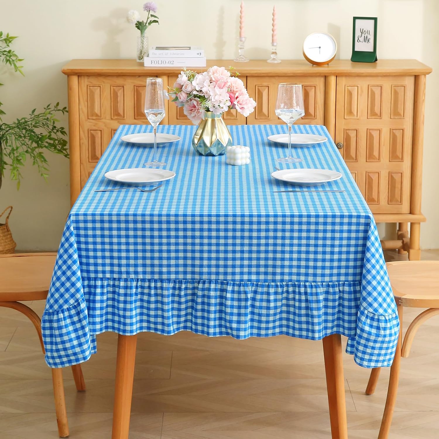 Gingham Ruffle Tablecloth 120"×60", Rectangular