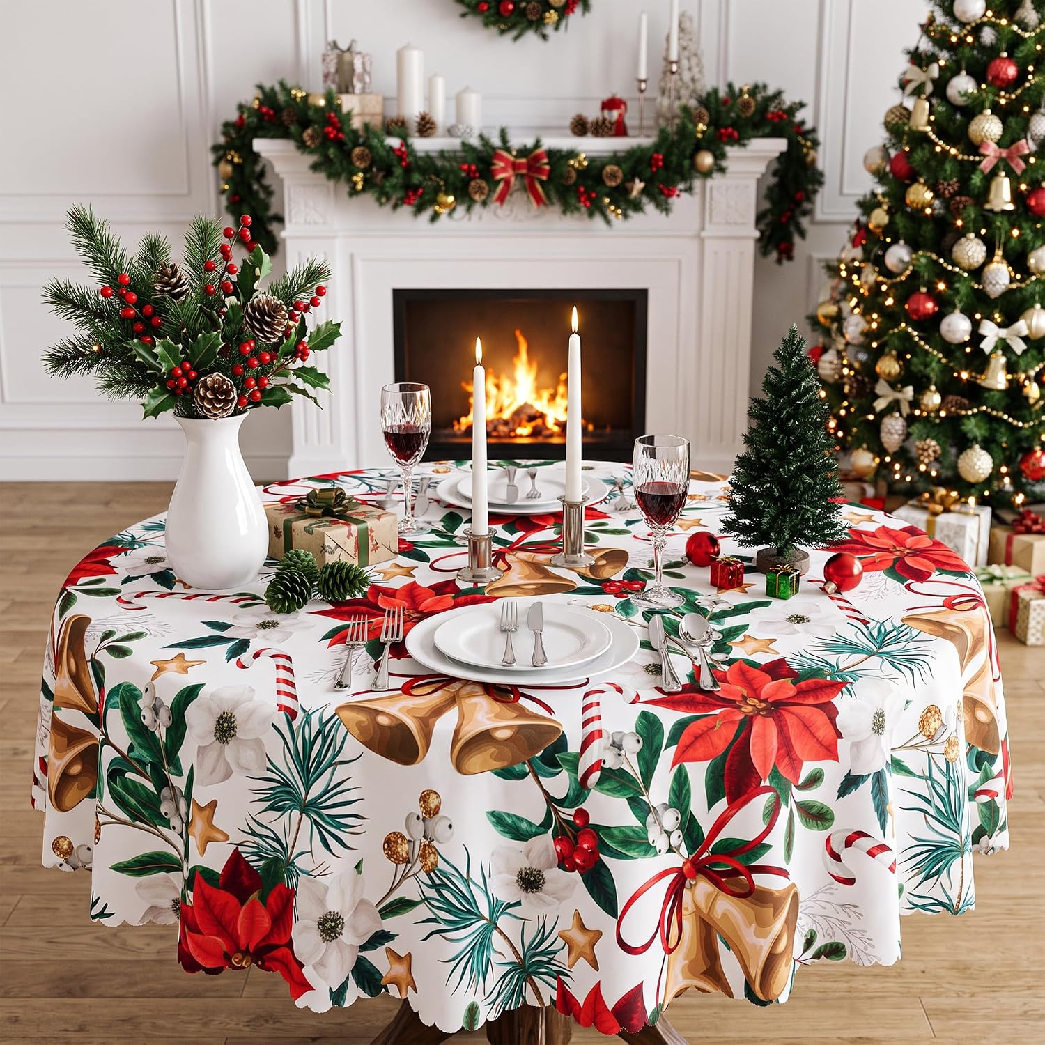 Christmas Polyester Round Tablecloth 60 Inch, Washable Xmas Table Cover