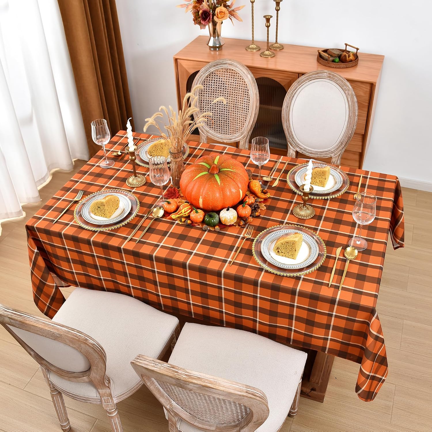Waterproof Gingham Plaid Tablecloth 52×70 Inch, Autumn Oblong Cover