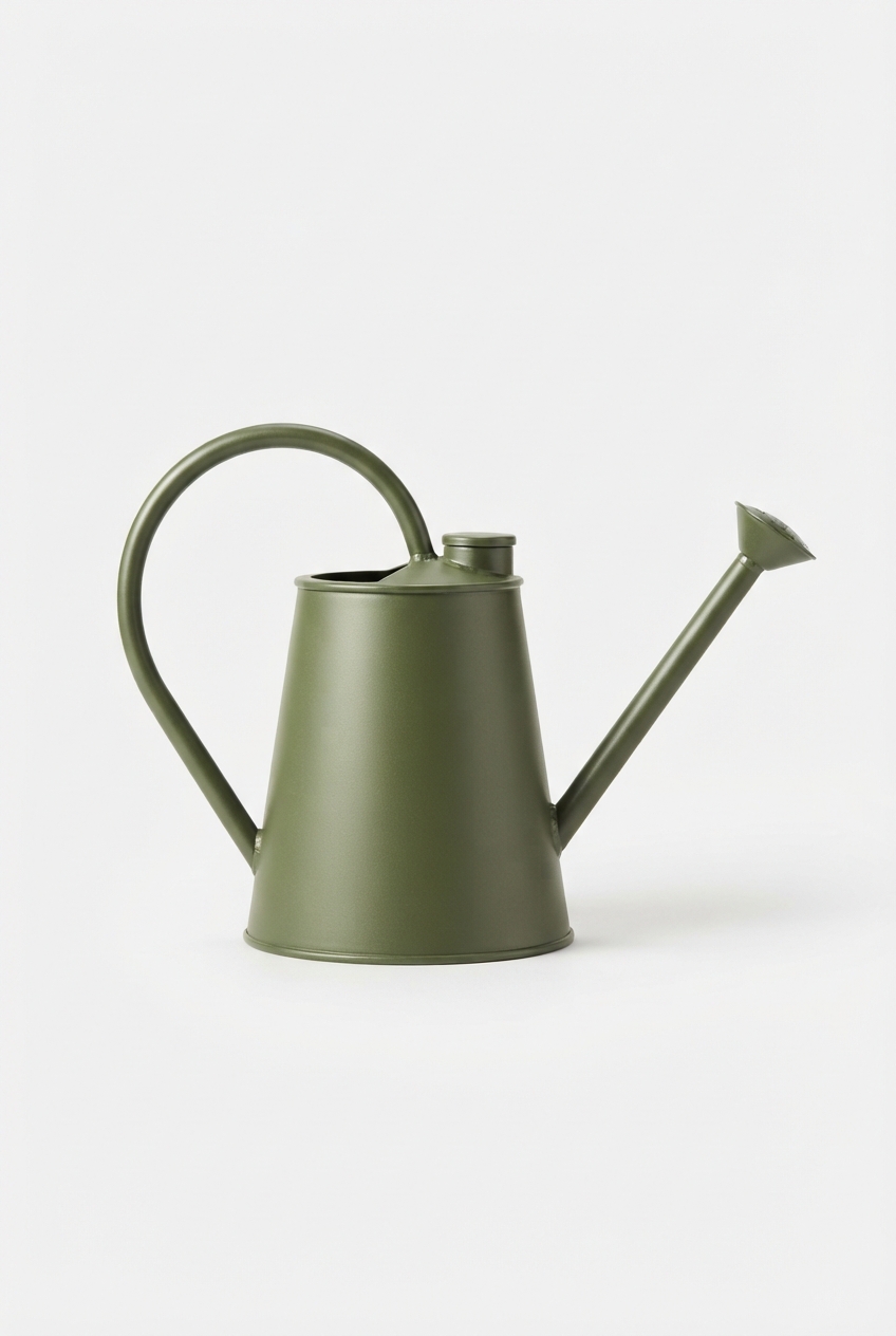 Olive metal watering can for outdoor plants