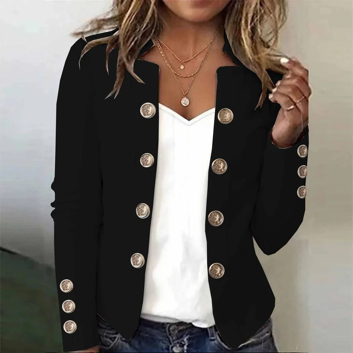 Special Collarless Long Sleeve Black Outerwear