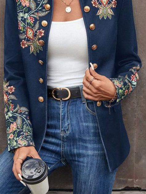 Popular Floral Print Collarless Outerwear