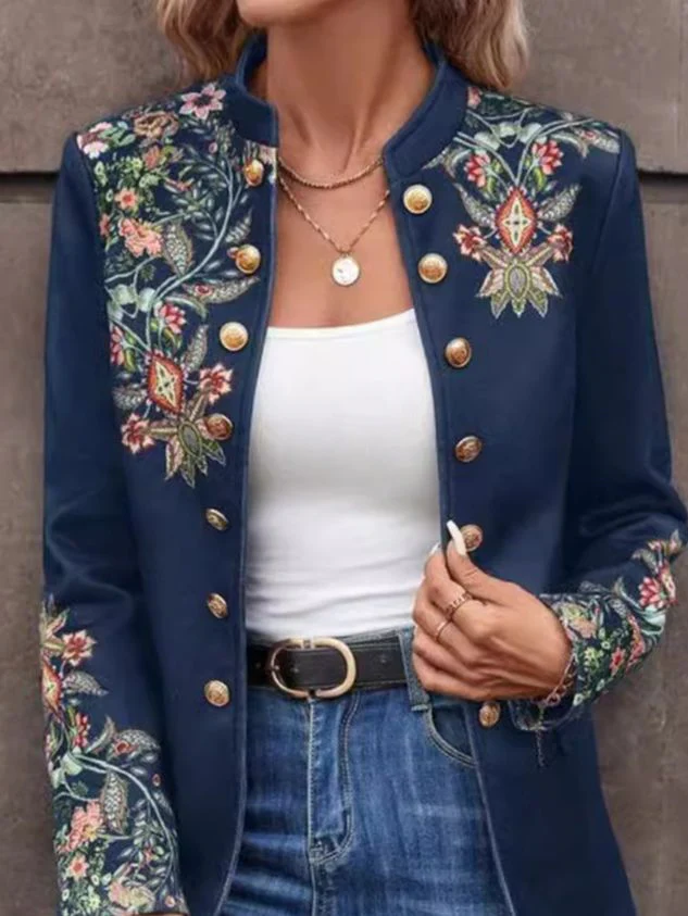 Popular Floral Print Collarless Outerwear