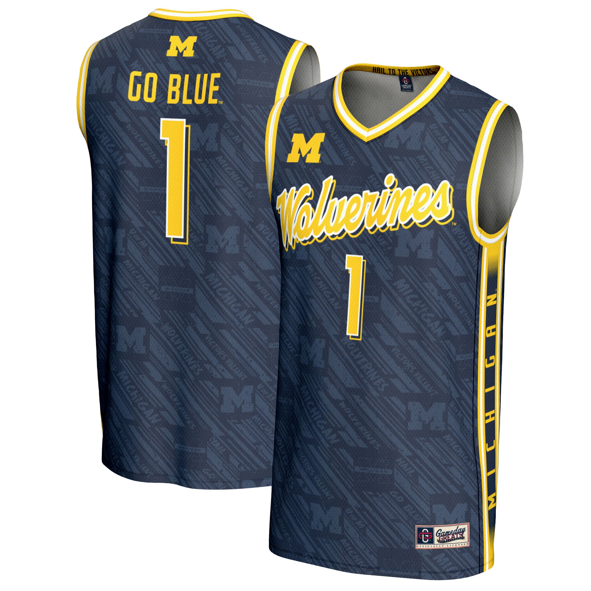 Highlight Print Basketball Michigan Wolverines Game Jersey No.1 Navy NCAA College Basketball Fan Wear