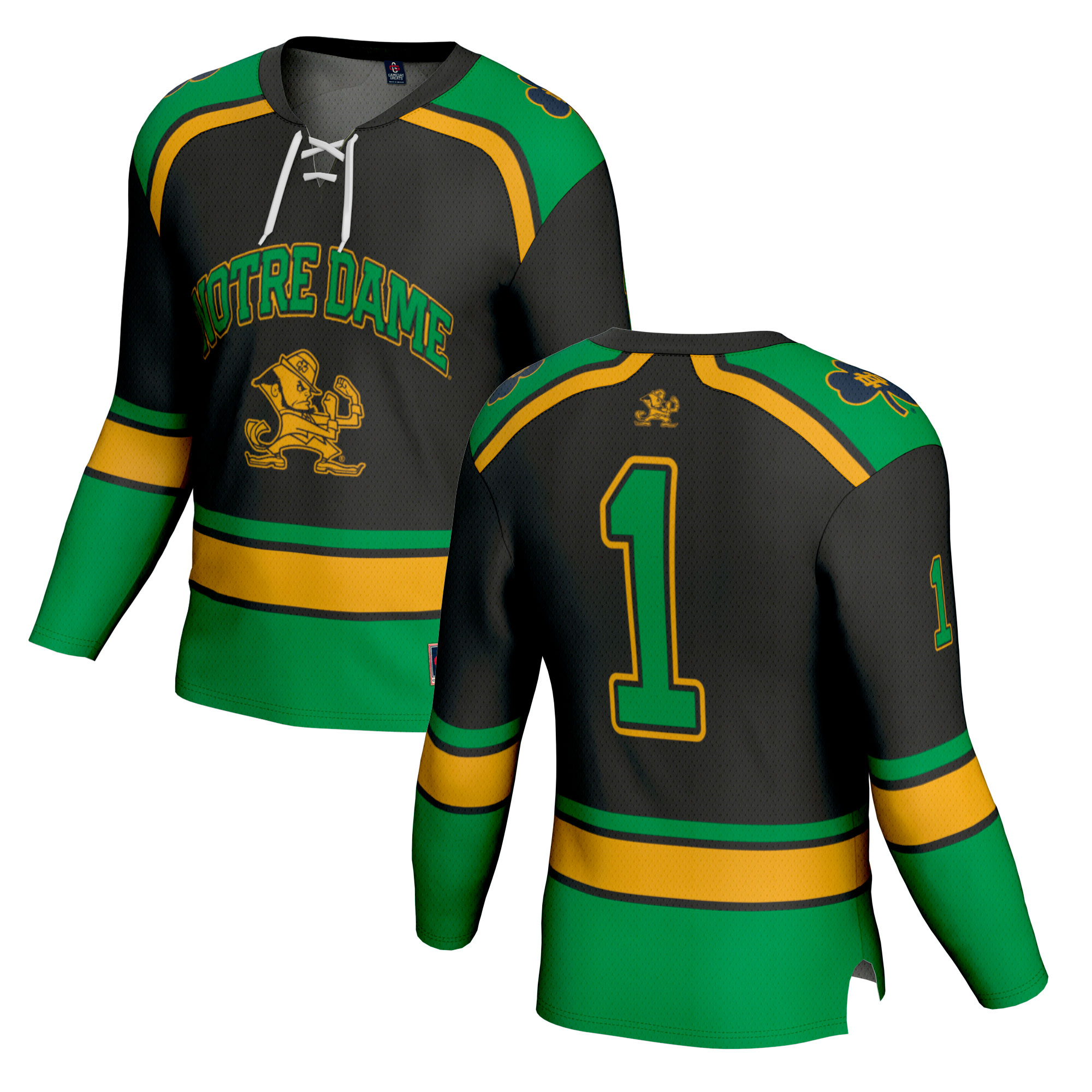 Collegiate Hockey Fashion Notre Dame Fighting Irish Game Jersey No.1 Black NCAA College Hockey Fan Wear