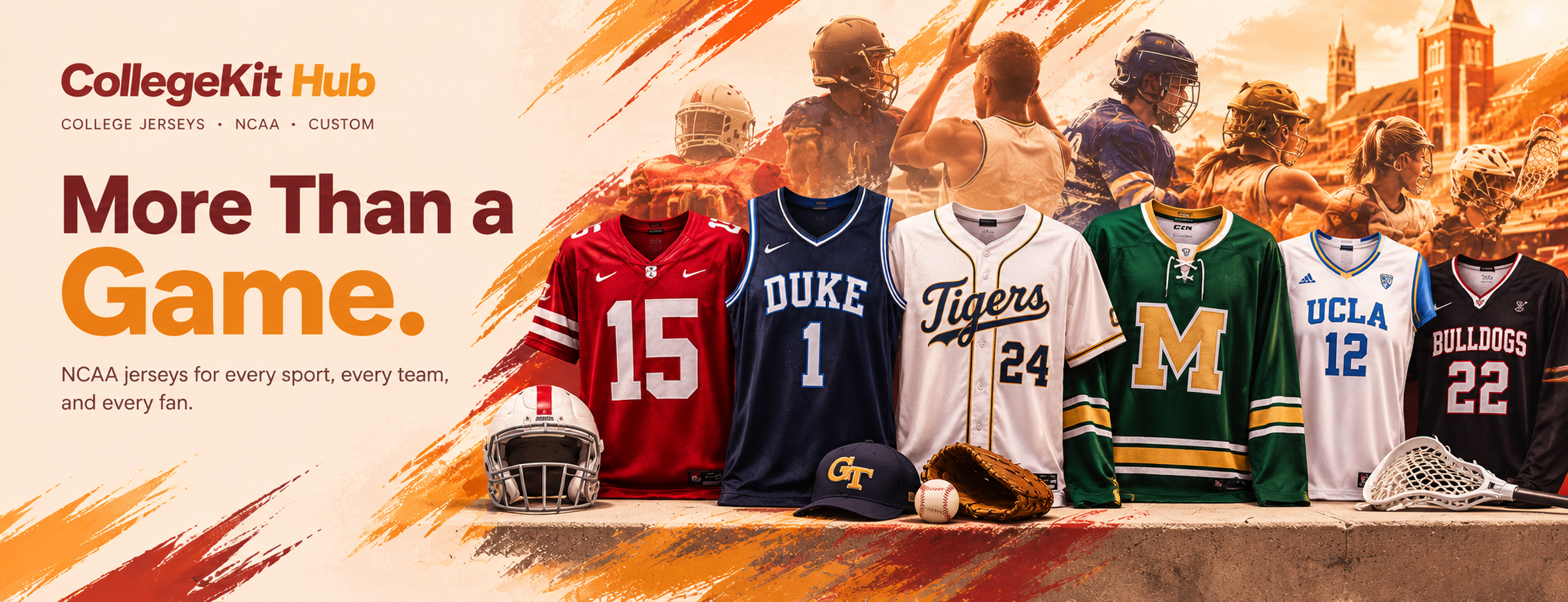 CollegeKit Hub college sports jerseys across football, basketball, baseball, hockey, volleyball, and lacrosse, showcasing multi-sport college fan apparel and university-inspired jersey styles.