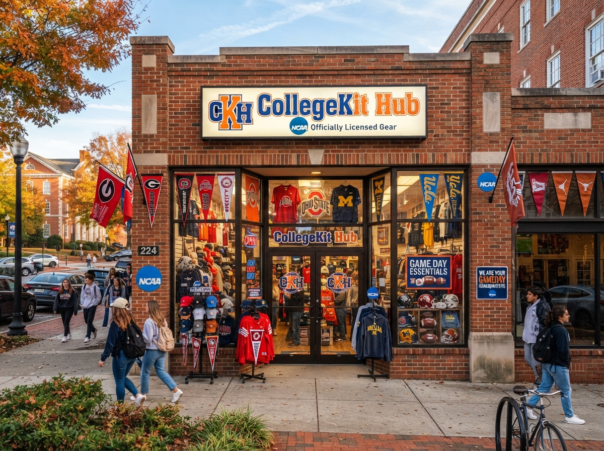 CollegeKit Hub  flagship storefront on college campus street, featuring licensed NCAA fan apparel, college football hoodies, vintage team jerseys, sports merchandise, and game day gear - authentic college apparel store in the USA.