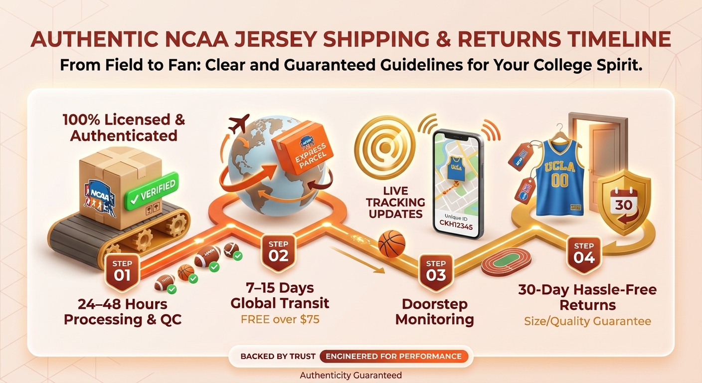 Authentic NCAA College Jerseys shipping and 30-day hassle-free return timeline chart for CollegeKit Hub, featuring 24-48 hour order processing, 7-15 day global transit with free express shipping over $75, live package tracking, and non-toxic formaldehyde-free athletic fabrics