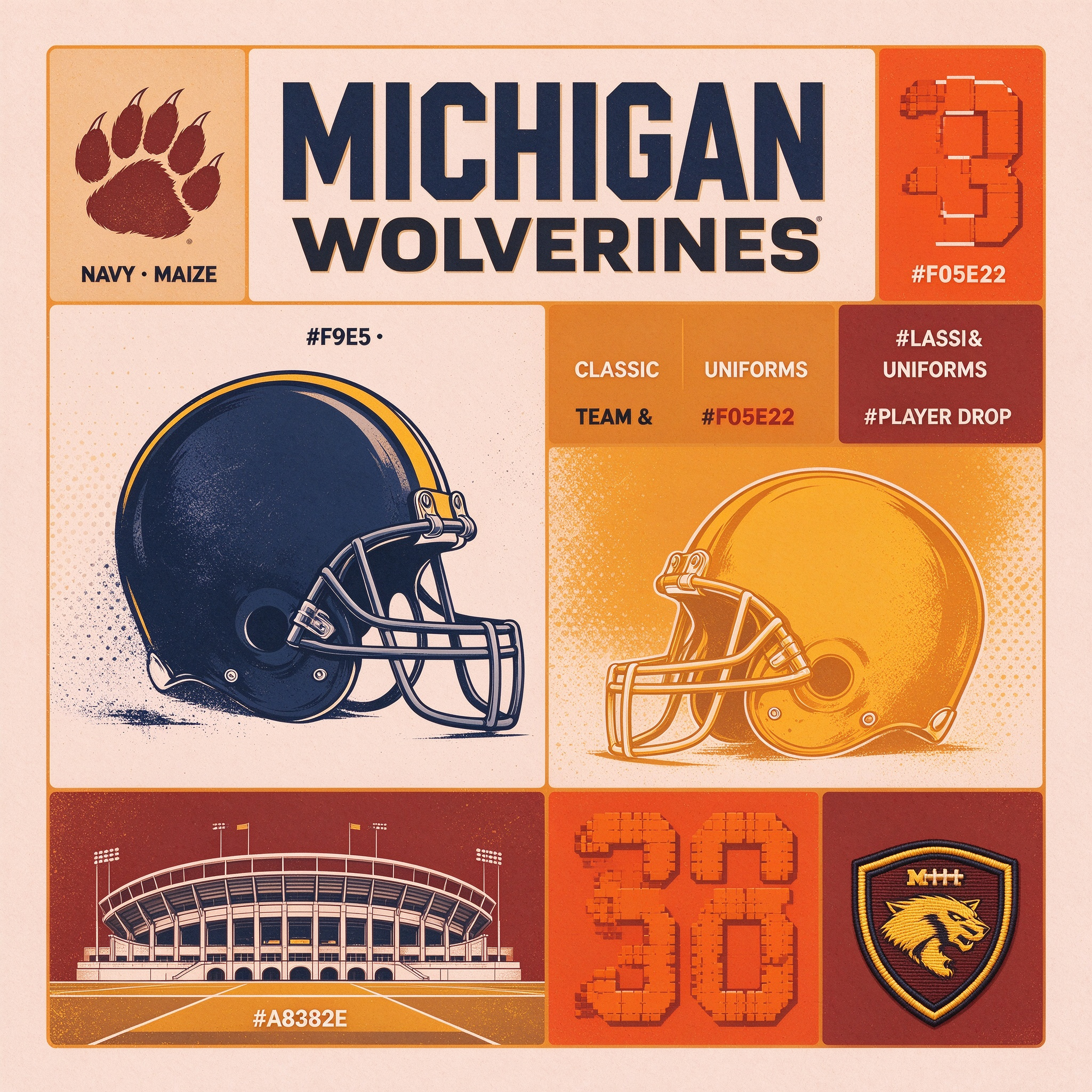 NCAA Michigan Wolverines category graphic, original wolverine badge design, navy and maize football & basketball fan apparel cover, classic Michigan team gear, CollegeKit Hub