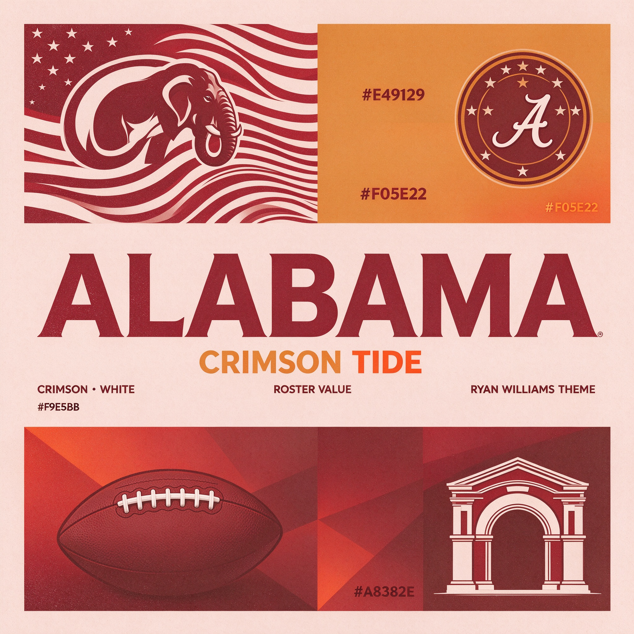 Alabama Crimson Tide NCAA category card, original tide wave badge graphic, Ryan Williams player jersey collection cover, crimson white college football merchandise, CollegeKit Hub