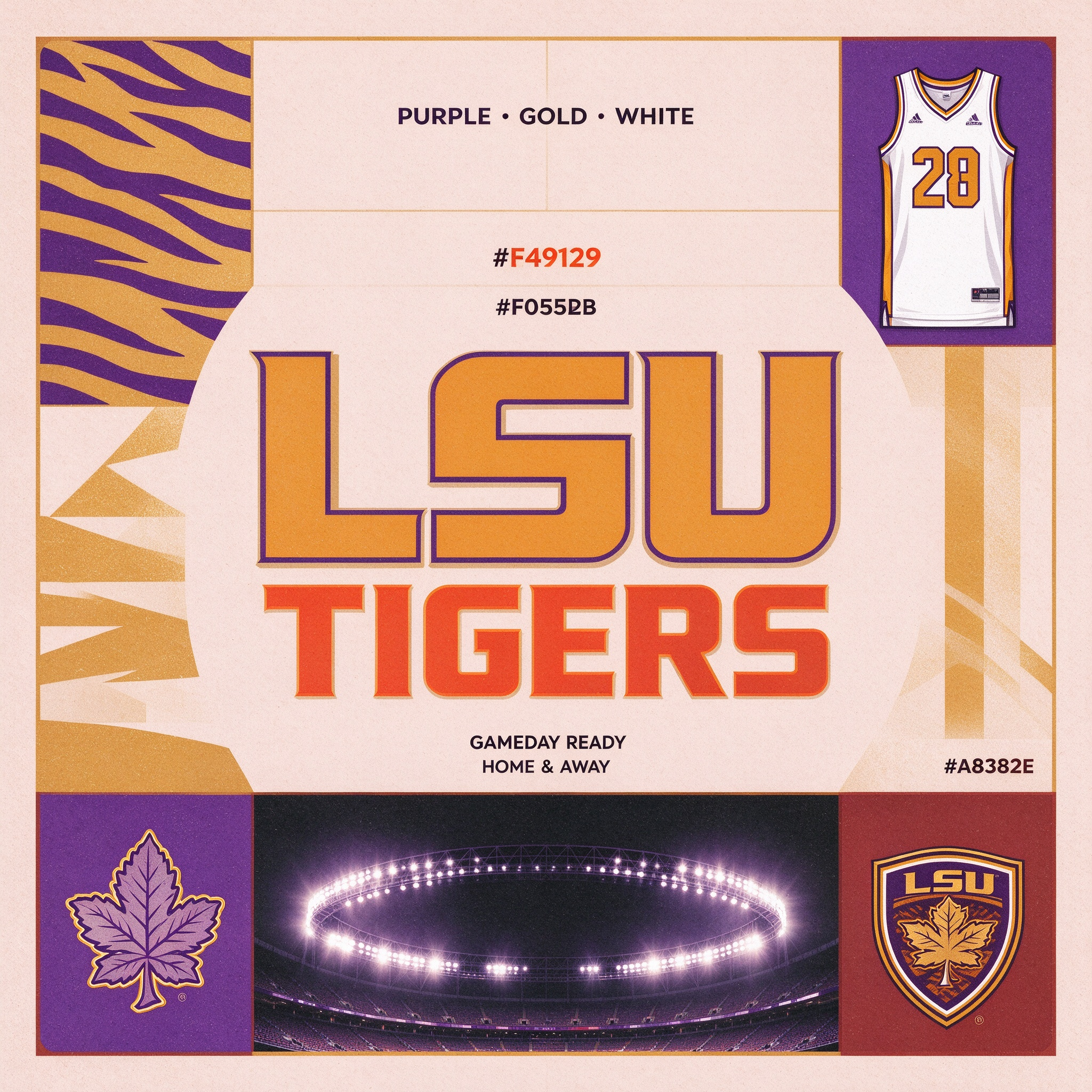LSU Tigers NCAA category graphic, original tiger geometric badge design, purple gold home away fan apparel banner, LSU sports merchandise, CollegeKit Hub