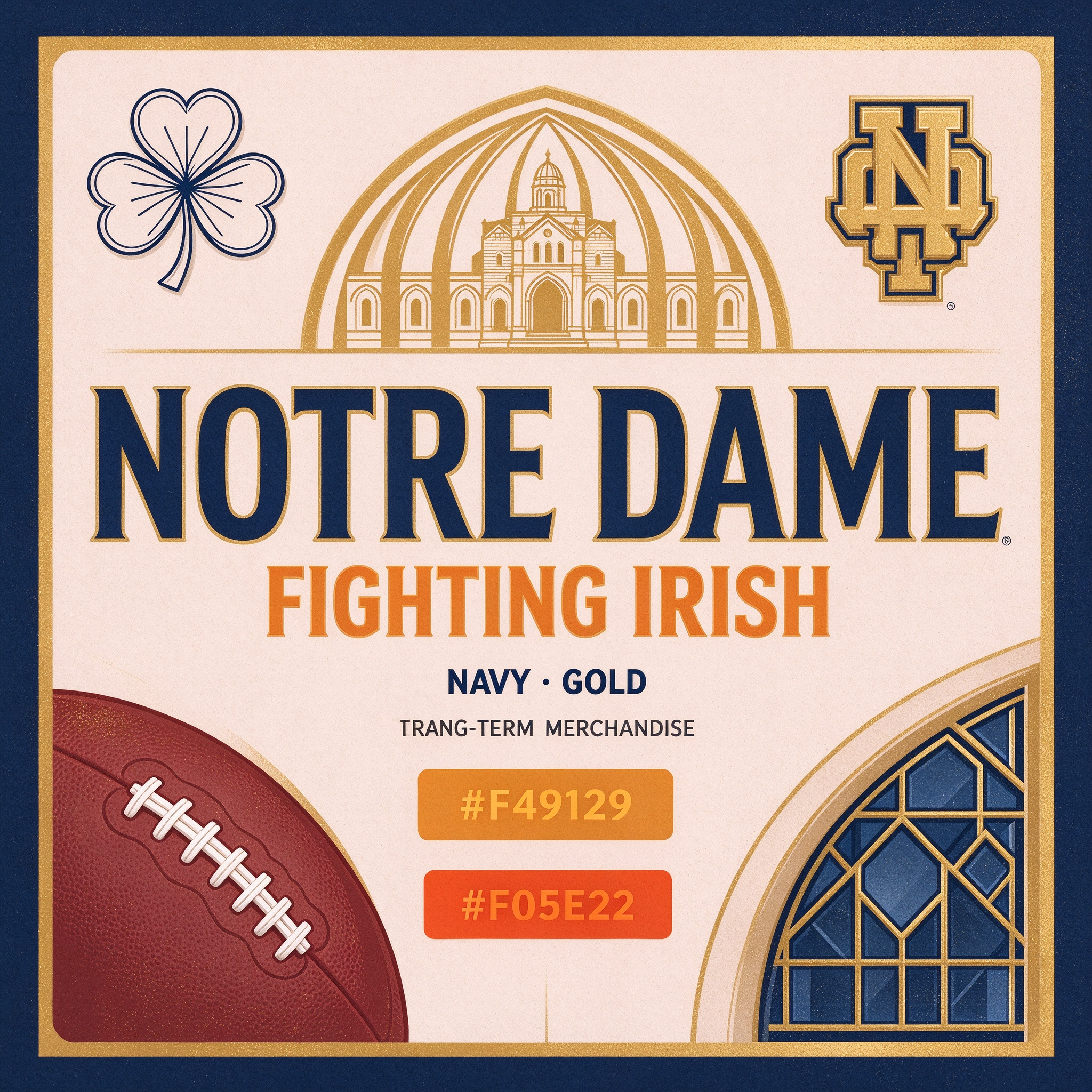 Notre Dame Fighting Irish NCAA category card, original shamrock arch badge artwork, navy gold independent college fan gear cover, Notre Dame sports merchandise, CollegeKit Hub