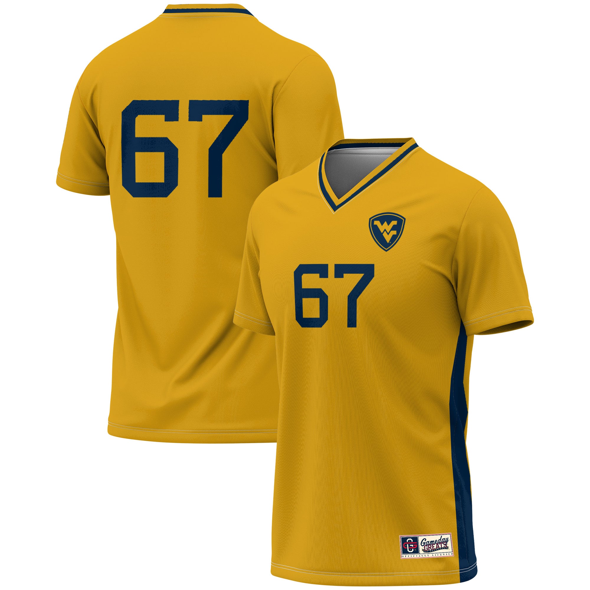 Ultra-Light Soccer West Virginia Mountaineers Jersey No.67 Gold NCAA College Soccer Fan Wear