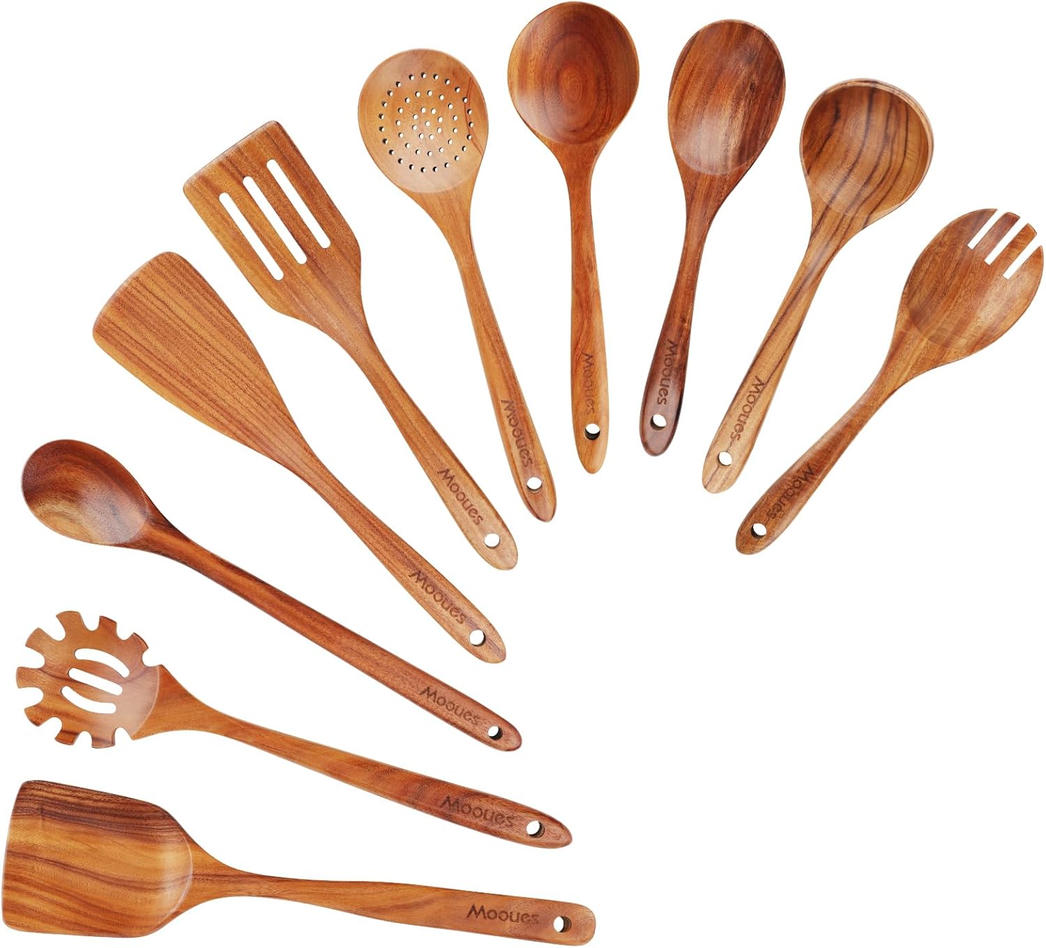 Wooden Kitchen Utensil Set, 9 Piece Natural Teak with Spoon Rest