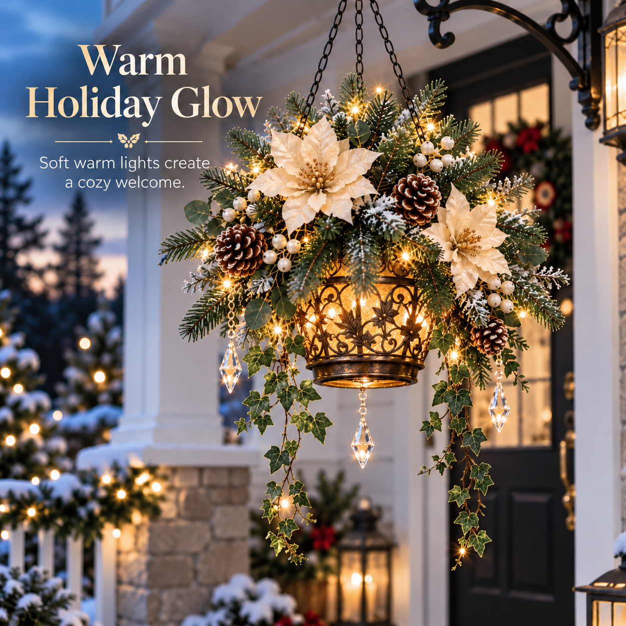 Warm lights shining through a hanging winter floral arrangement on a covered porch