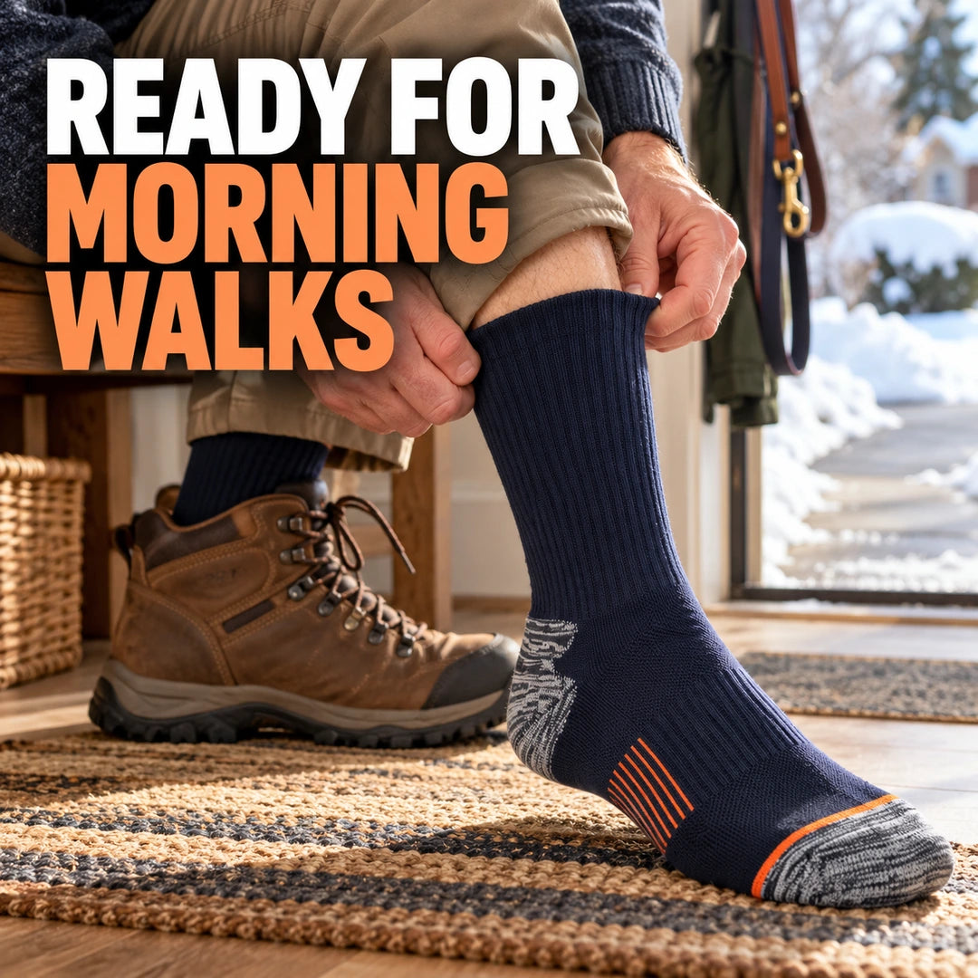 Adult putting on navy crew socks before a morning walk