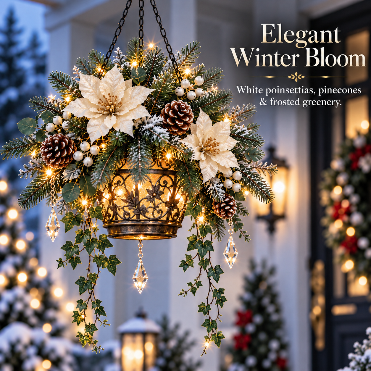 Close-up of ivory holiday blooms, pinecones, evergreen branches and crystal-style accents