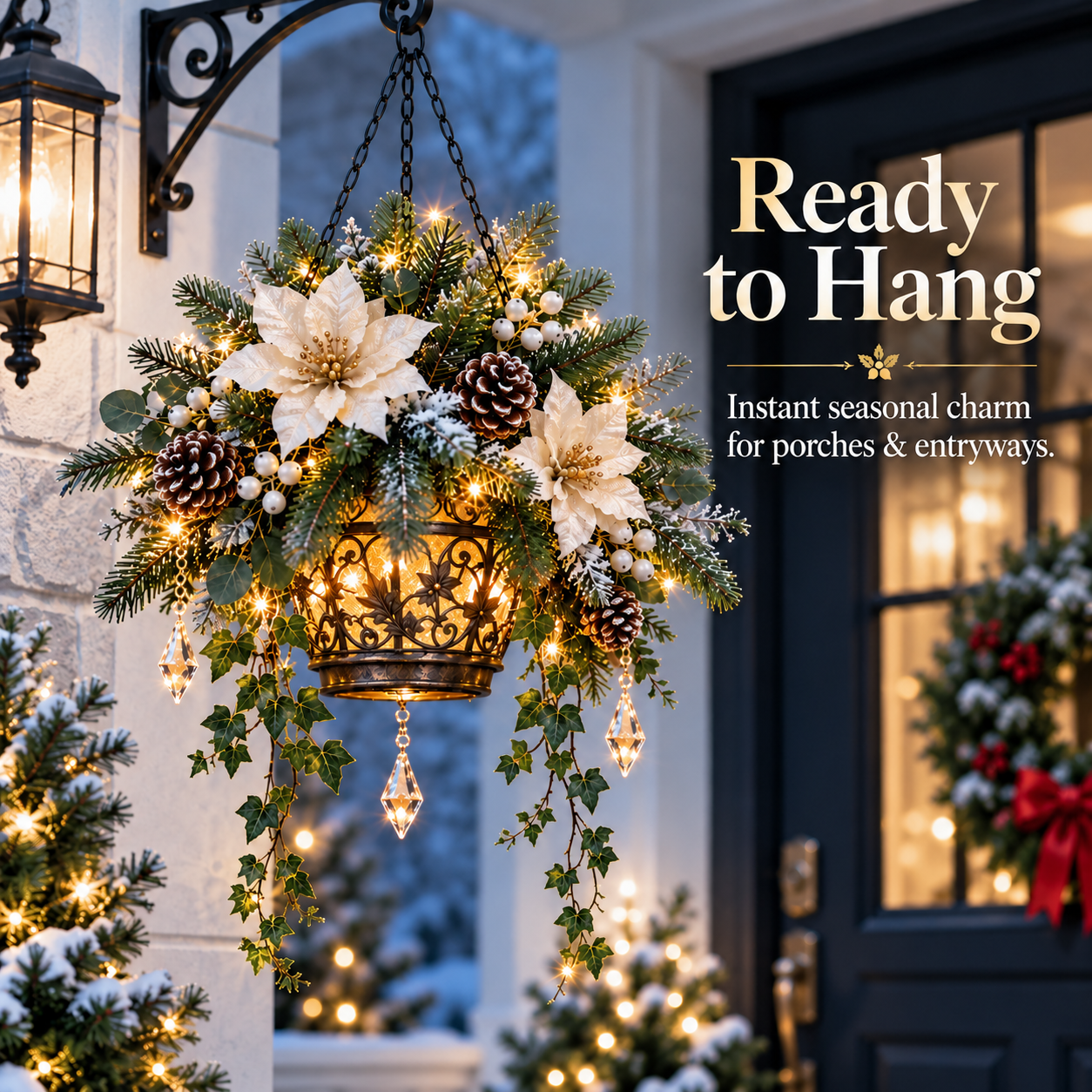 Christmas floral basket suspended at eye level beside an entry door