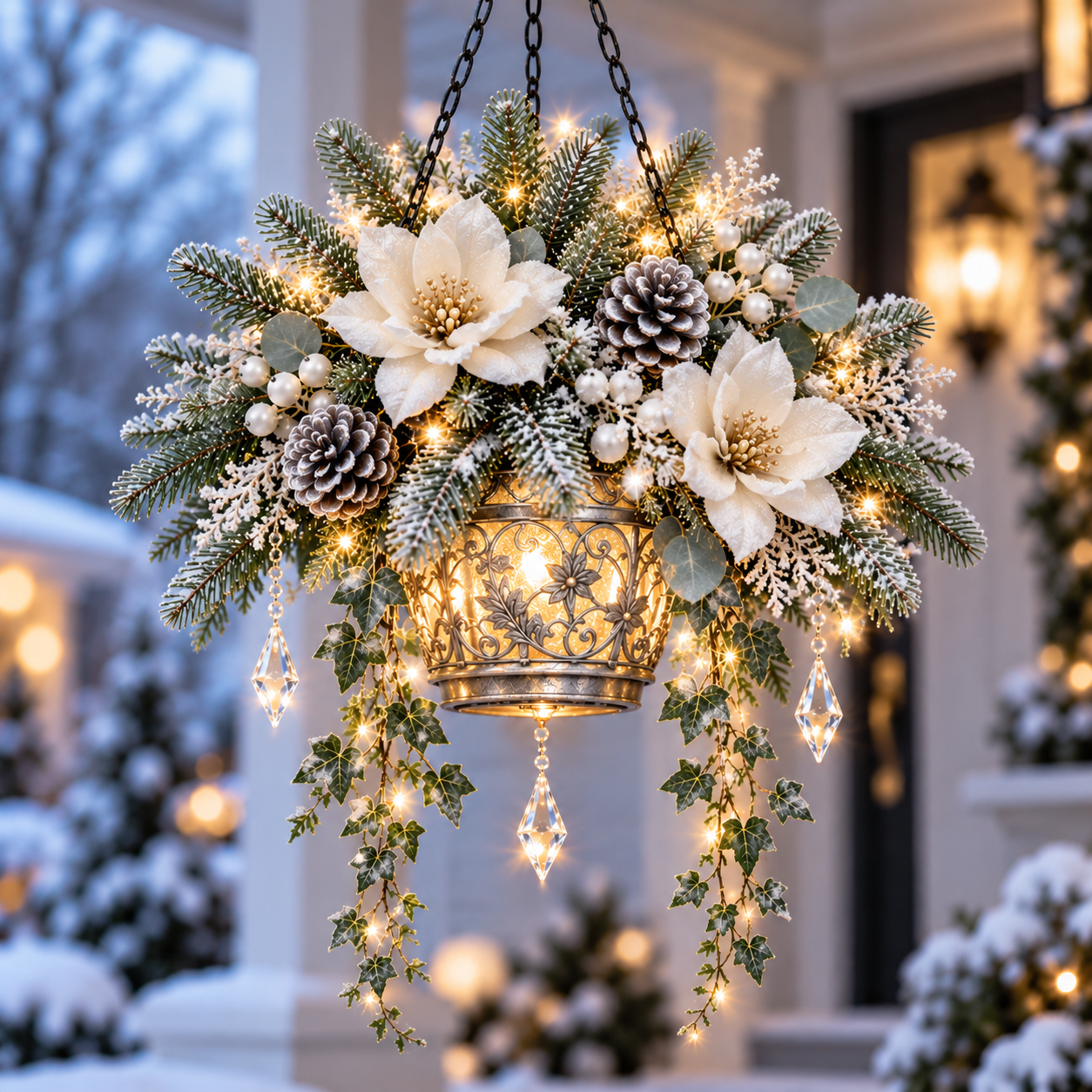 Frosted Snow hanging floral Christmas display with ivory flowers and white frosted greenery
