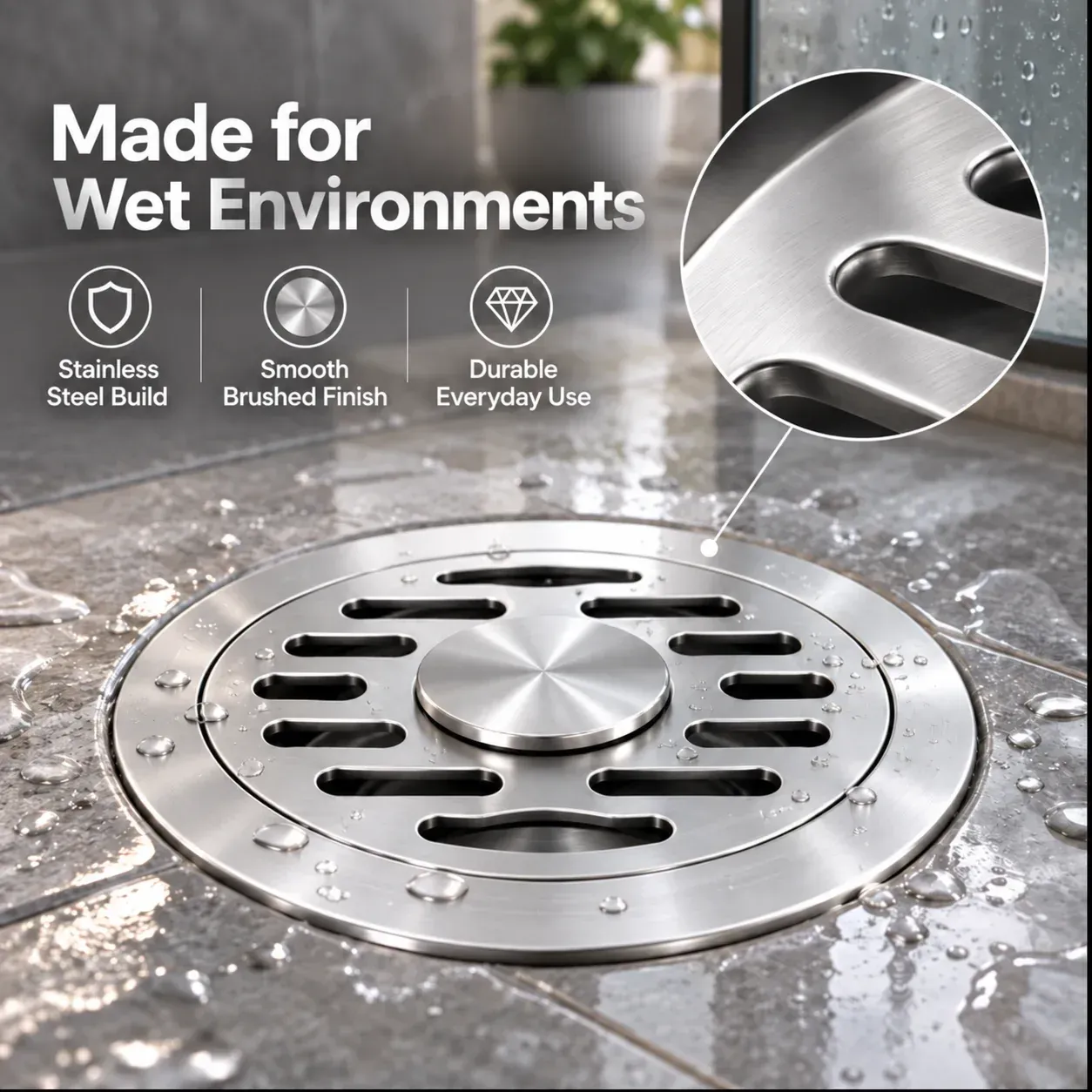 Layered floor drain components showing the internal structure