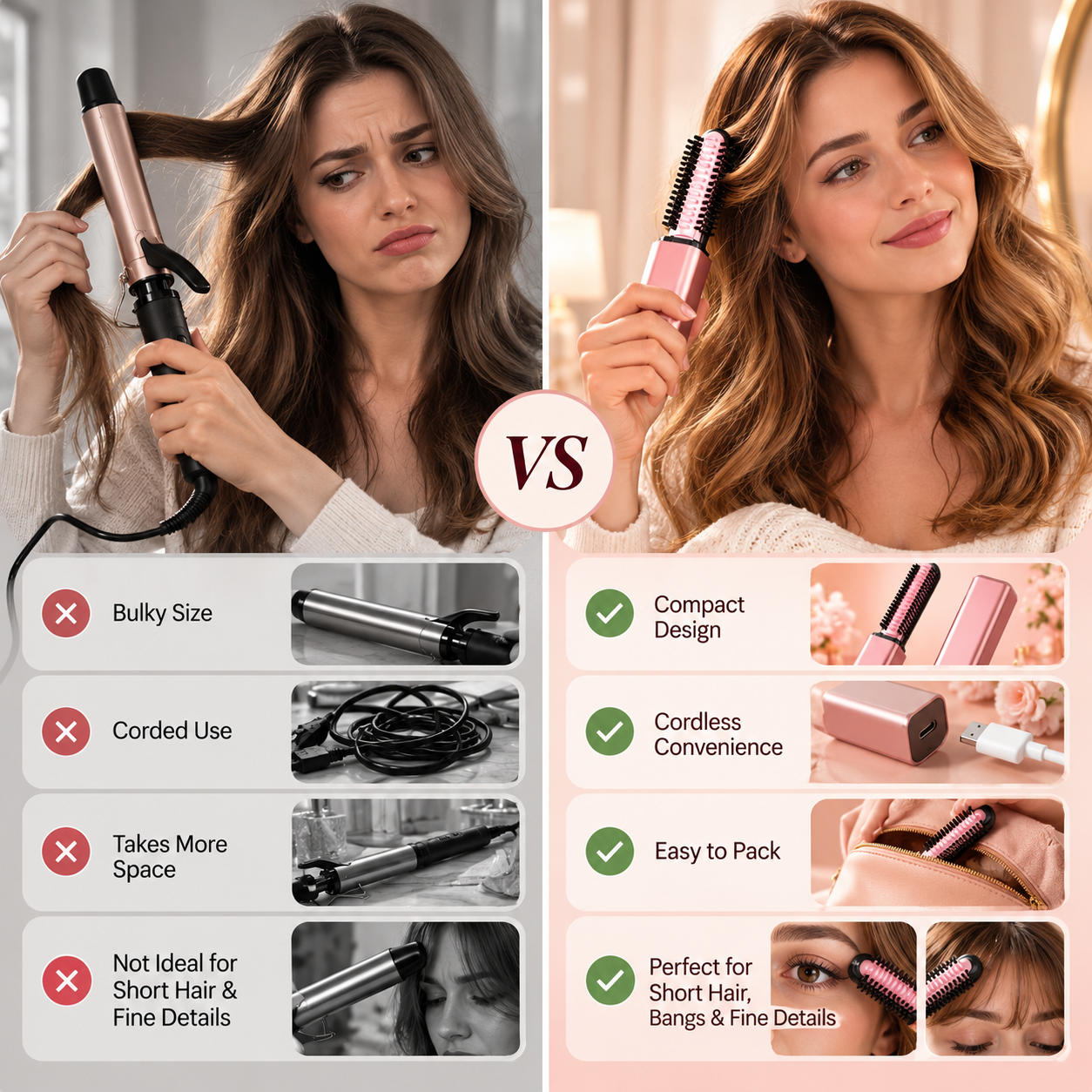 Comparison showing a full-size curling iron and compact Pocket Curl styling brush