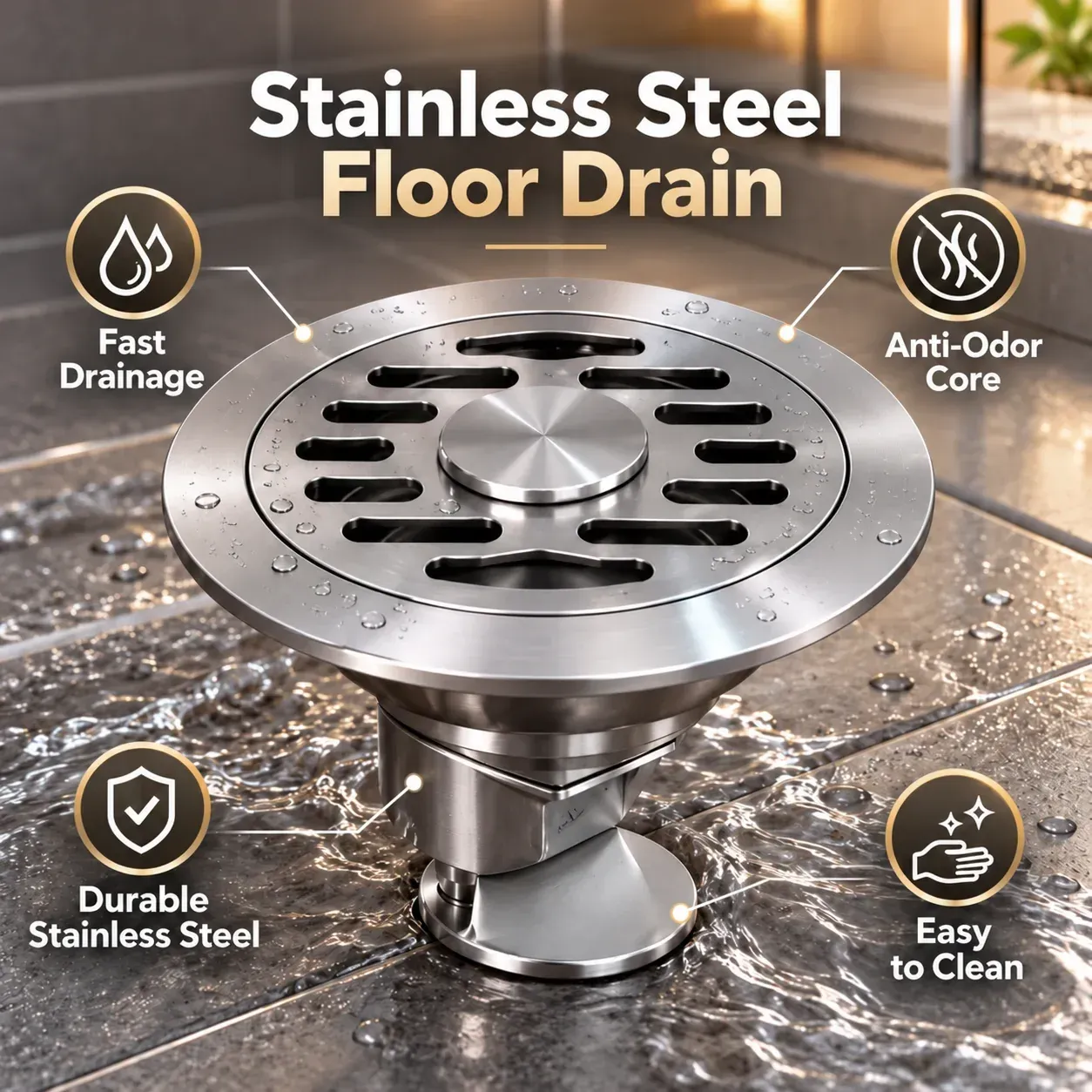 Stainless steel floor drain with multi-slot cover and odor-control core