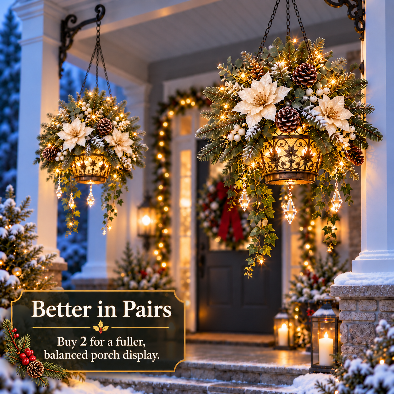 A matching pair of lit Christmas flower arrangements framing a front porch