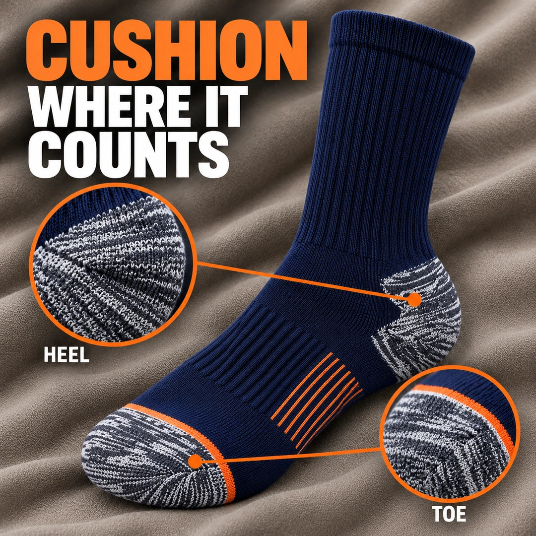 Sock heel and toe areas highlighted with fabric detail close-ups
