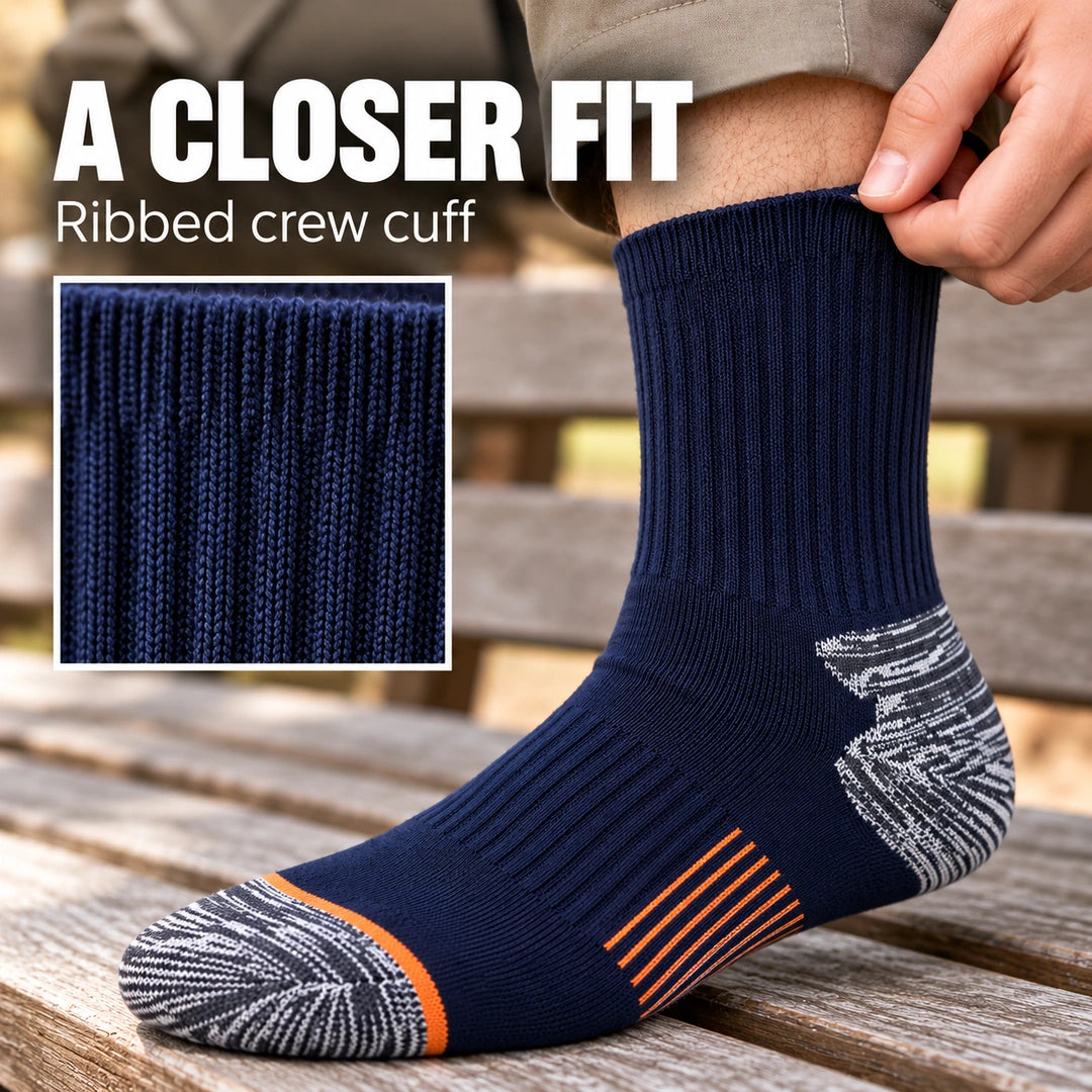 Ribbed navy crew sock cuff worn on the lower leg with a knit close-up
