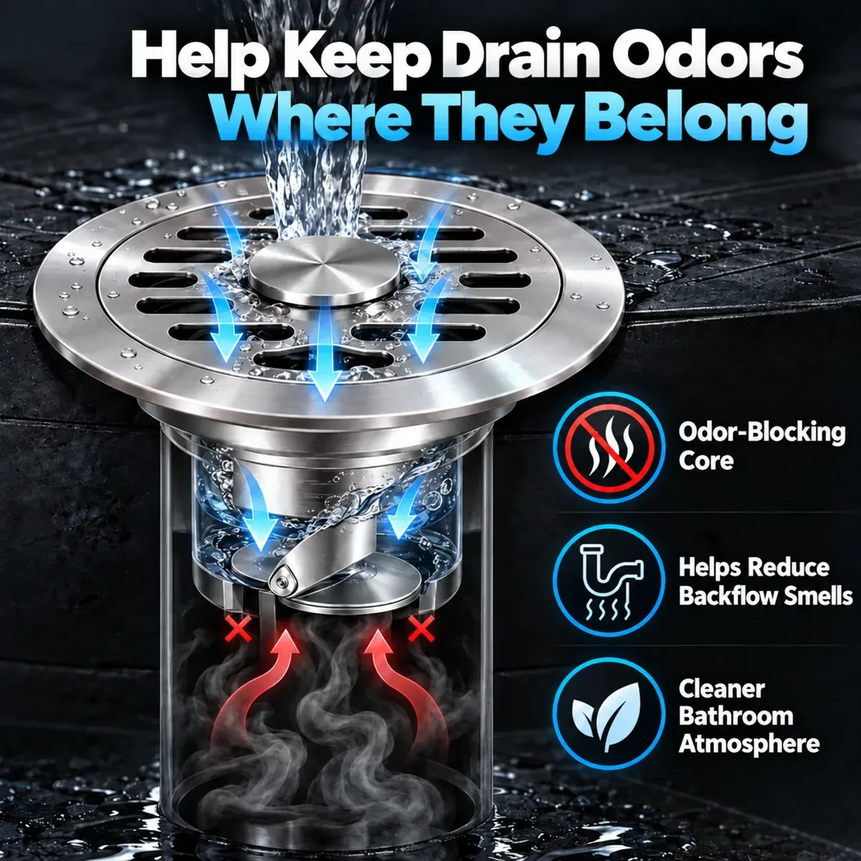 Internal odor-control core inside the stainless steel floor drain