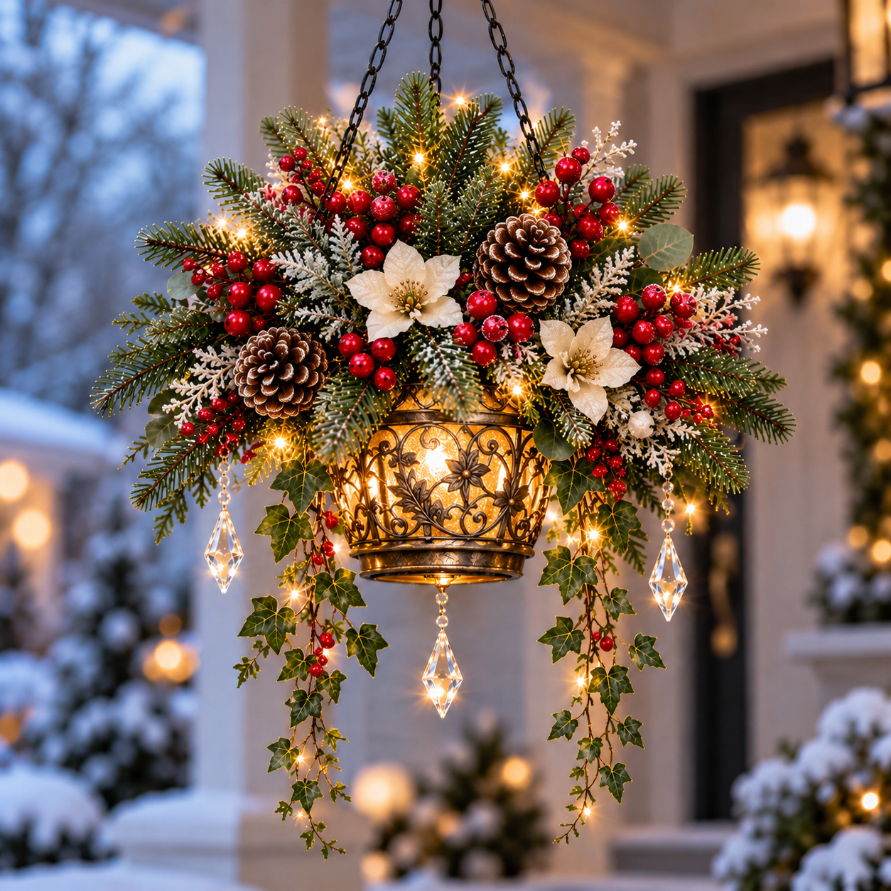 Cranberry Berry holiday hanging flower design with red berries and warm illumination