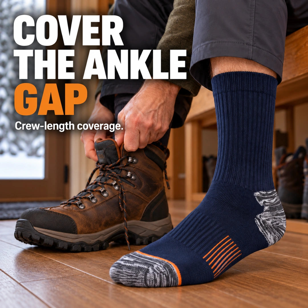 Crew sock coverage shown while preparing to put on walking boots indoors