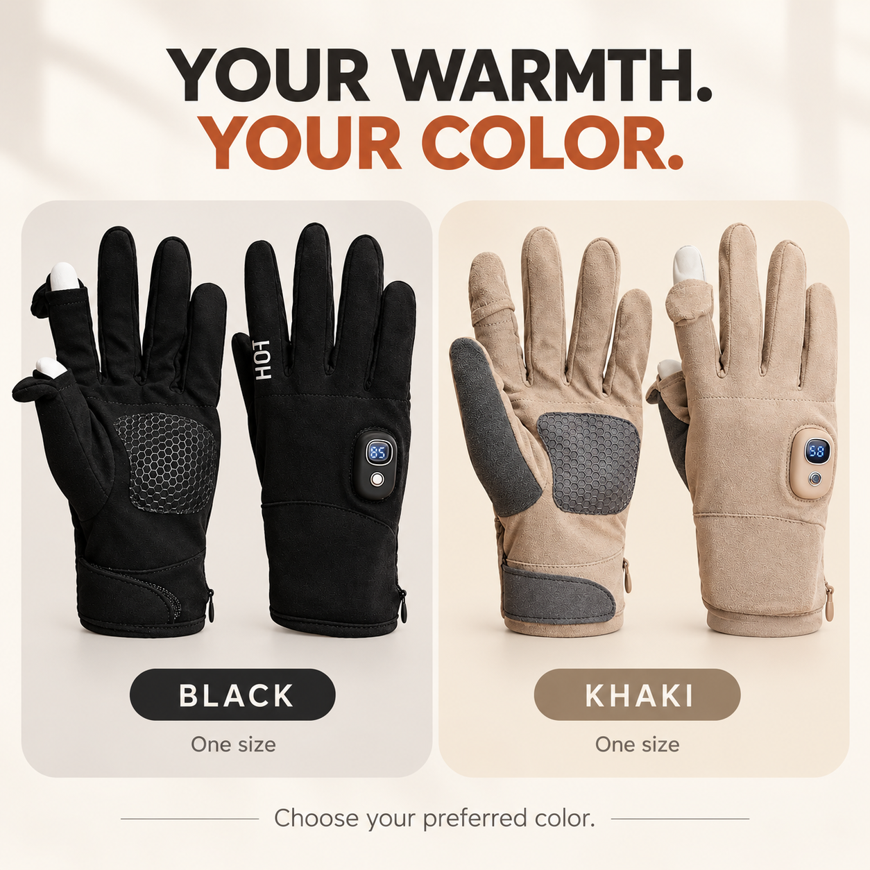 Black and khaki heated glove color options