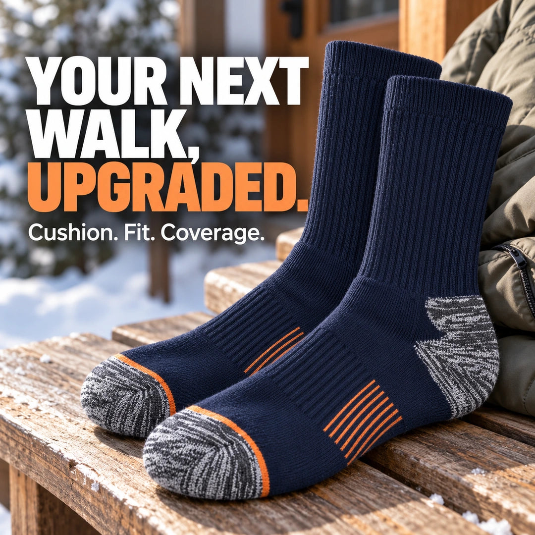 Matching navy crew socks displayed with winter walking accessories