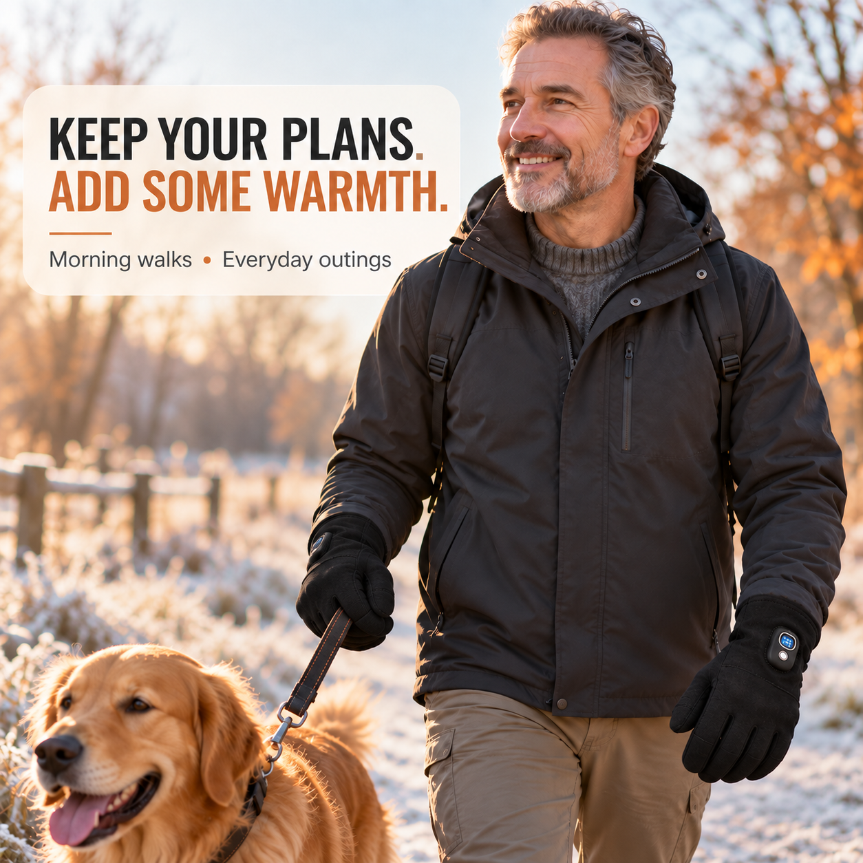 Man wearing heated gloves during an outdoor dog walk