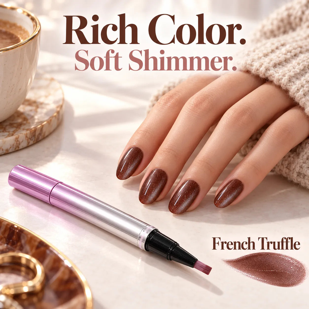 French Truffle brown manicure paired with oatmeal knitwear