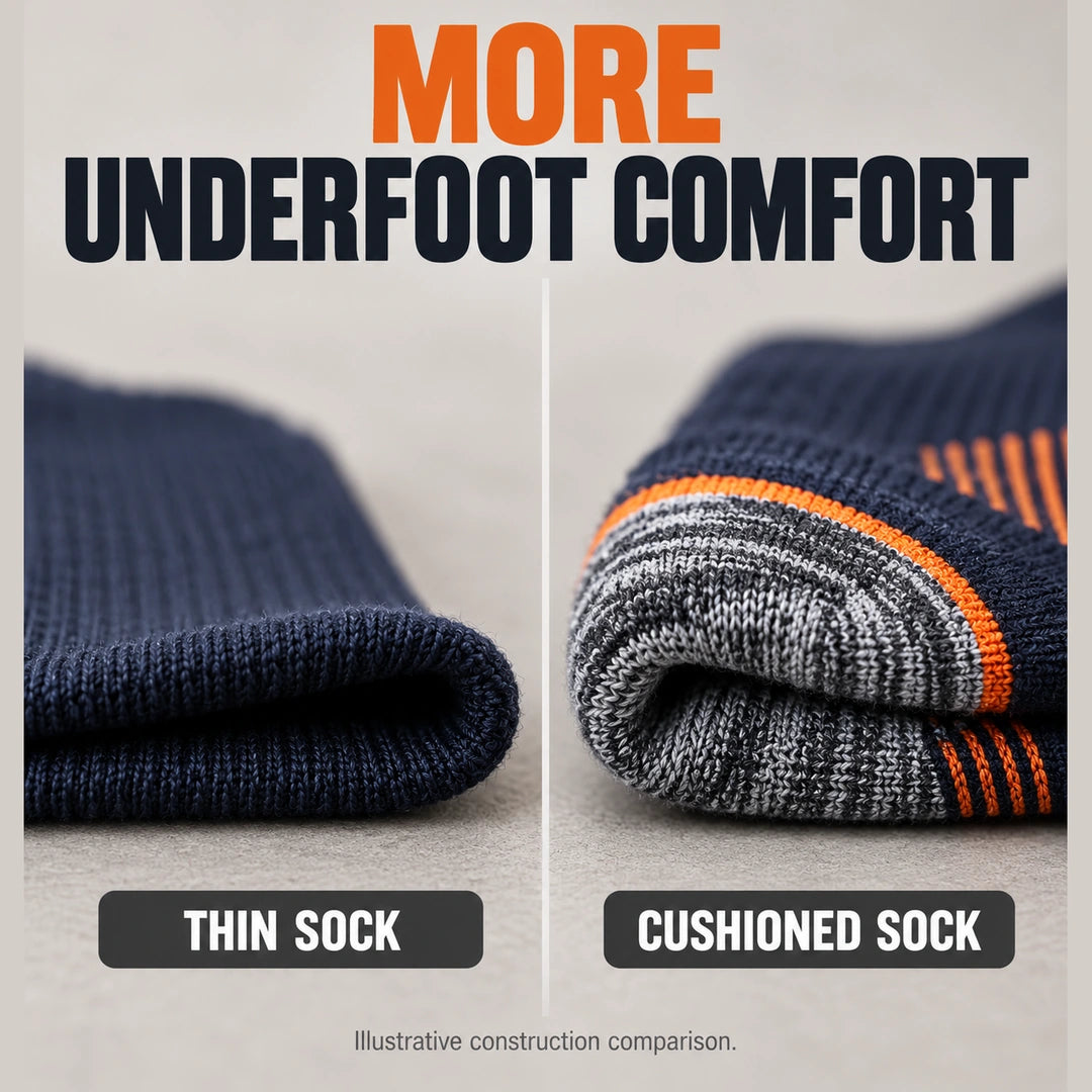 Illustrative comparison of thin sock fabric and cushioned sock fabric
