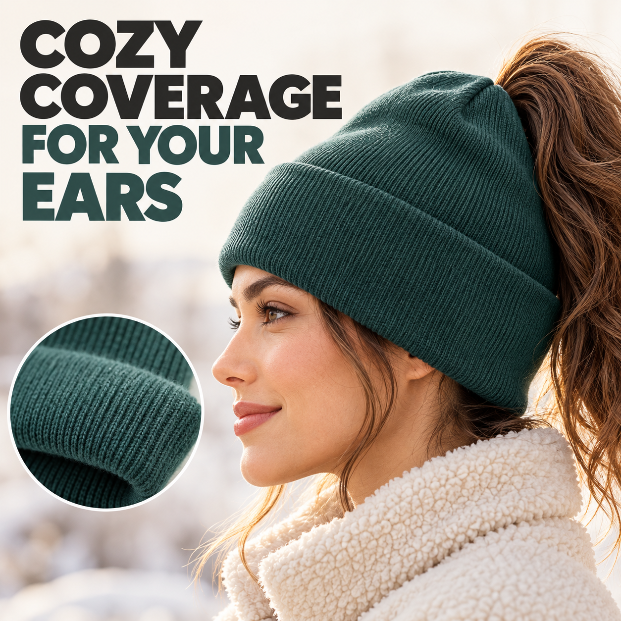 Knit texture and cozy styling of the winter ponytail beanie