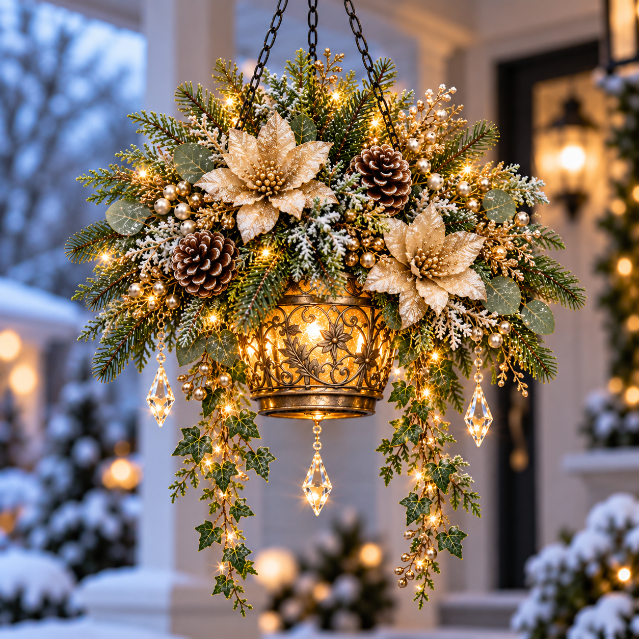 Champagne Gold Christmas floral hanging arrangement with golden botanical accents