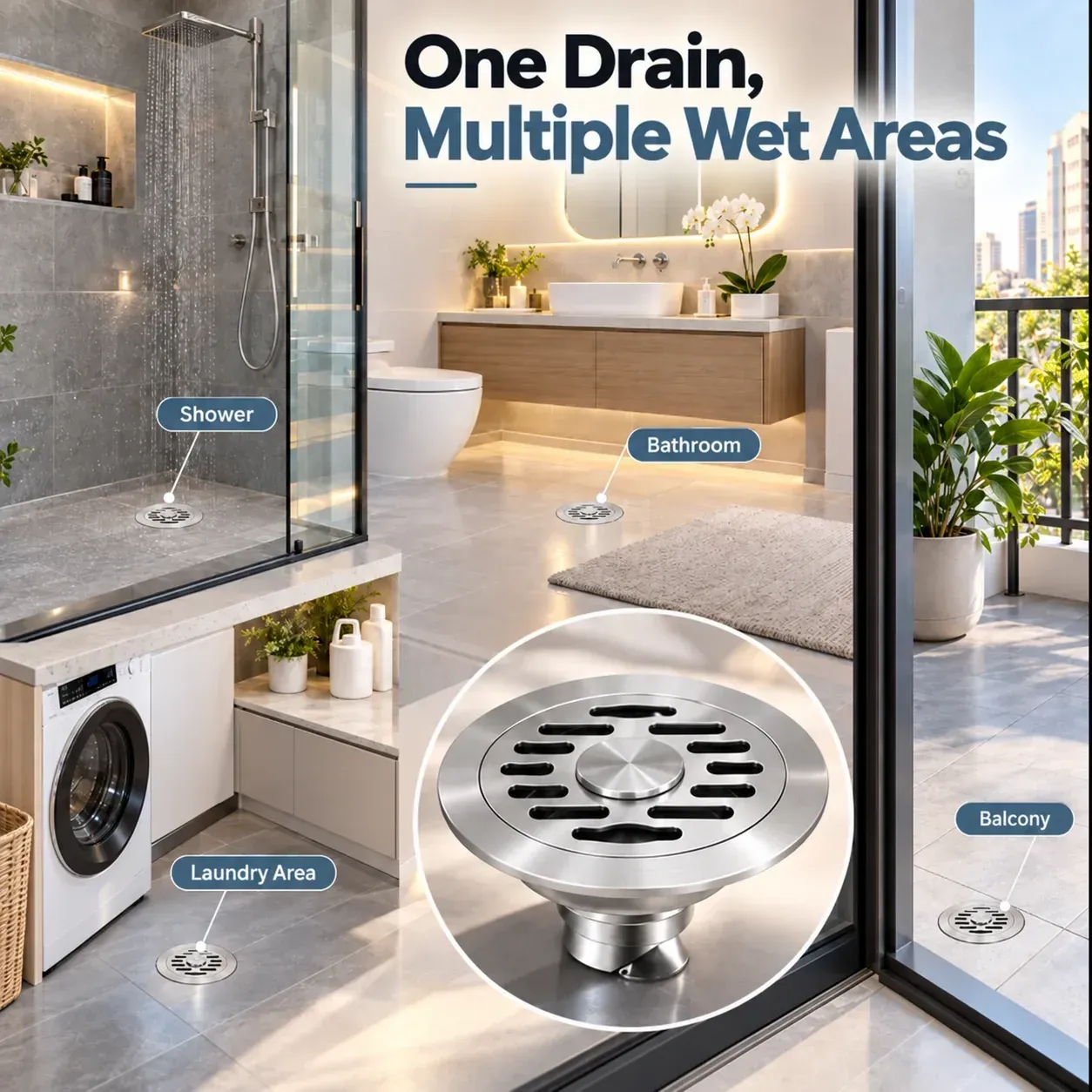 Stainless steel floor drain shown for compatible bathroom, shower and laundry areas
