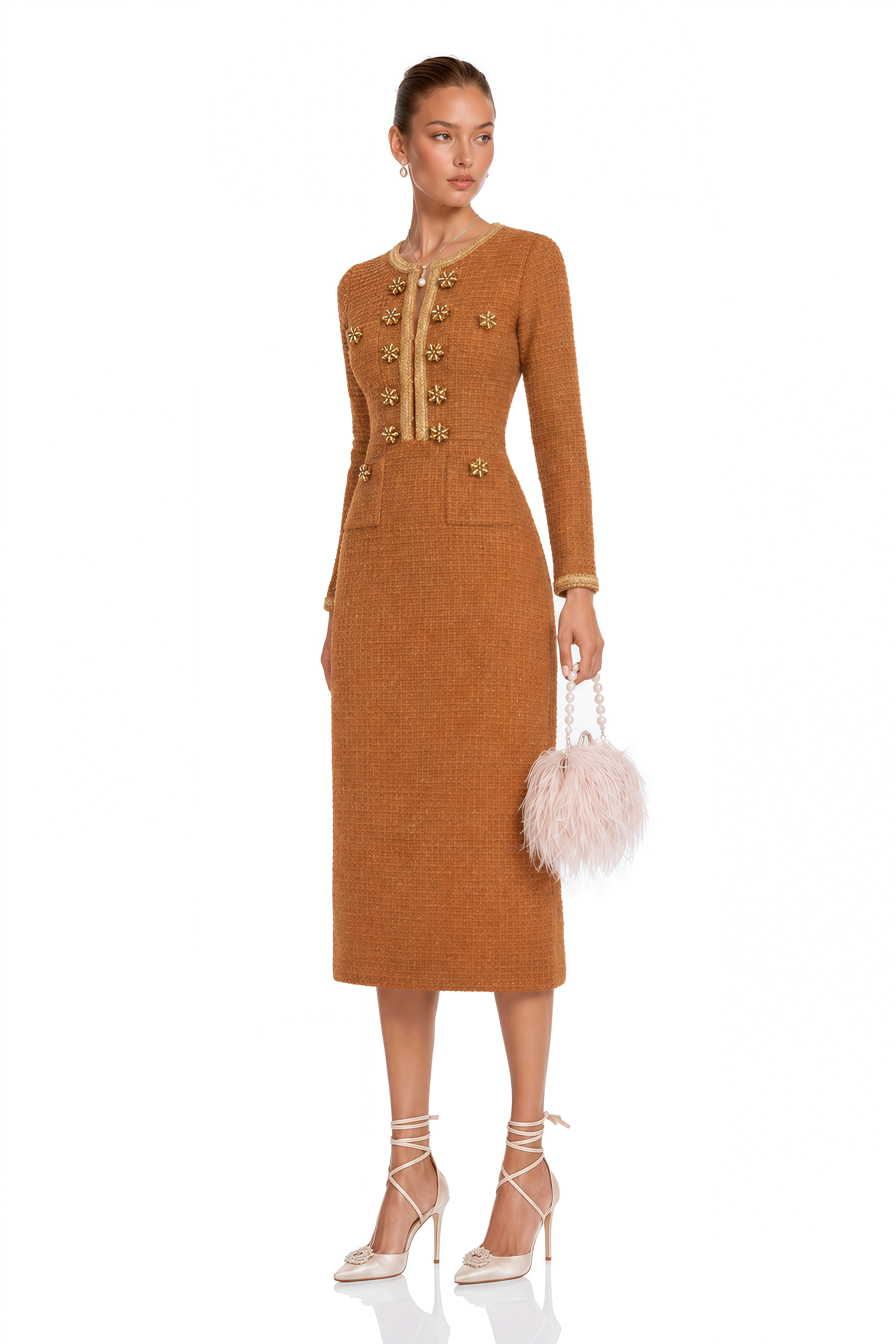Epona Brown Braided-Edge Tweed Dress