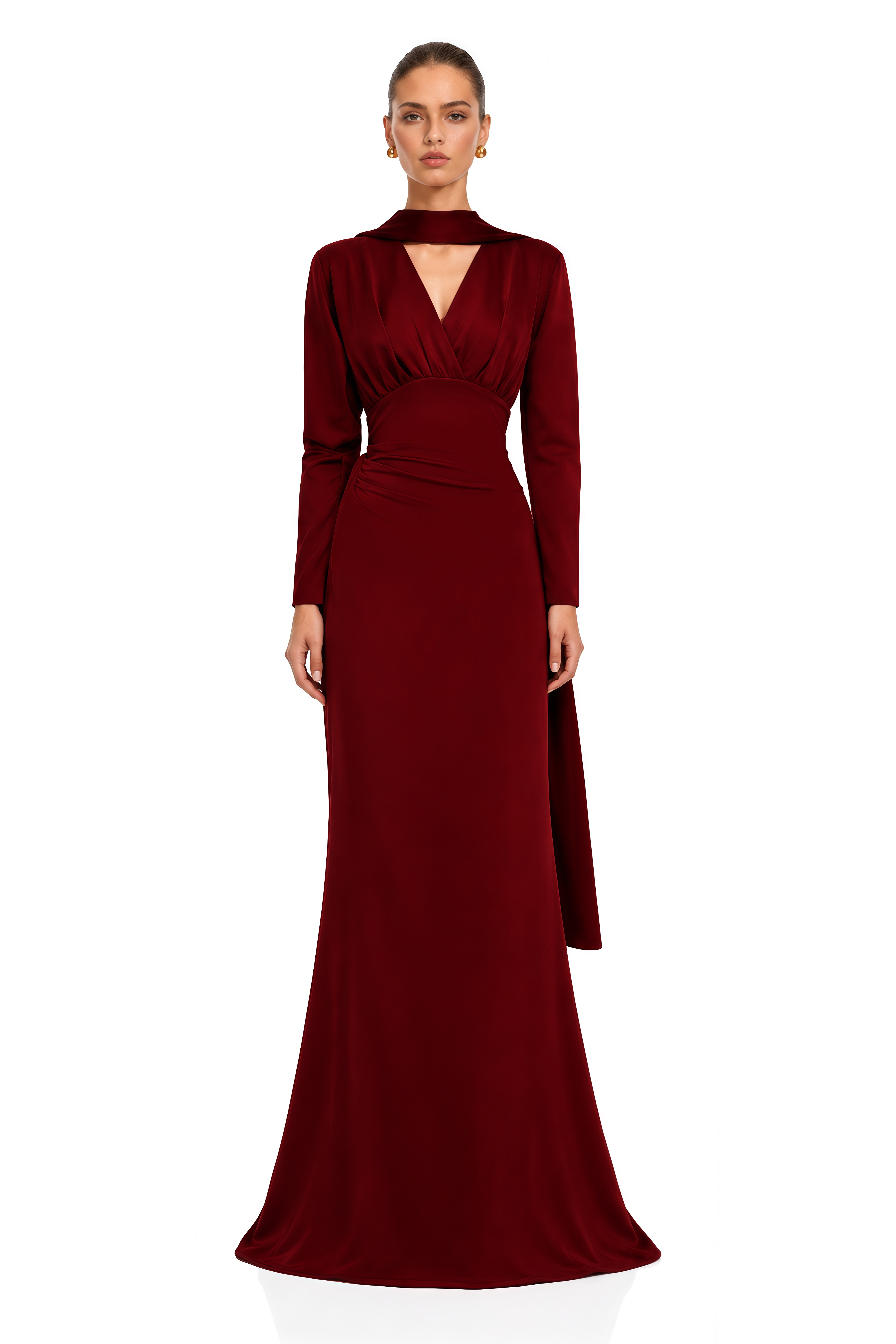 Margot Red Scarf Design Ruched Maxi Gown