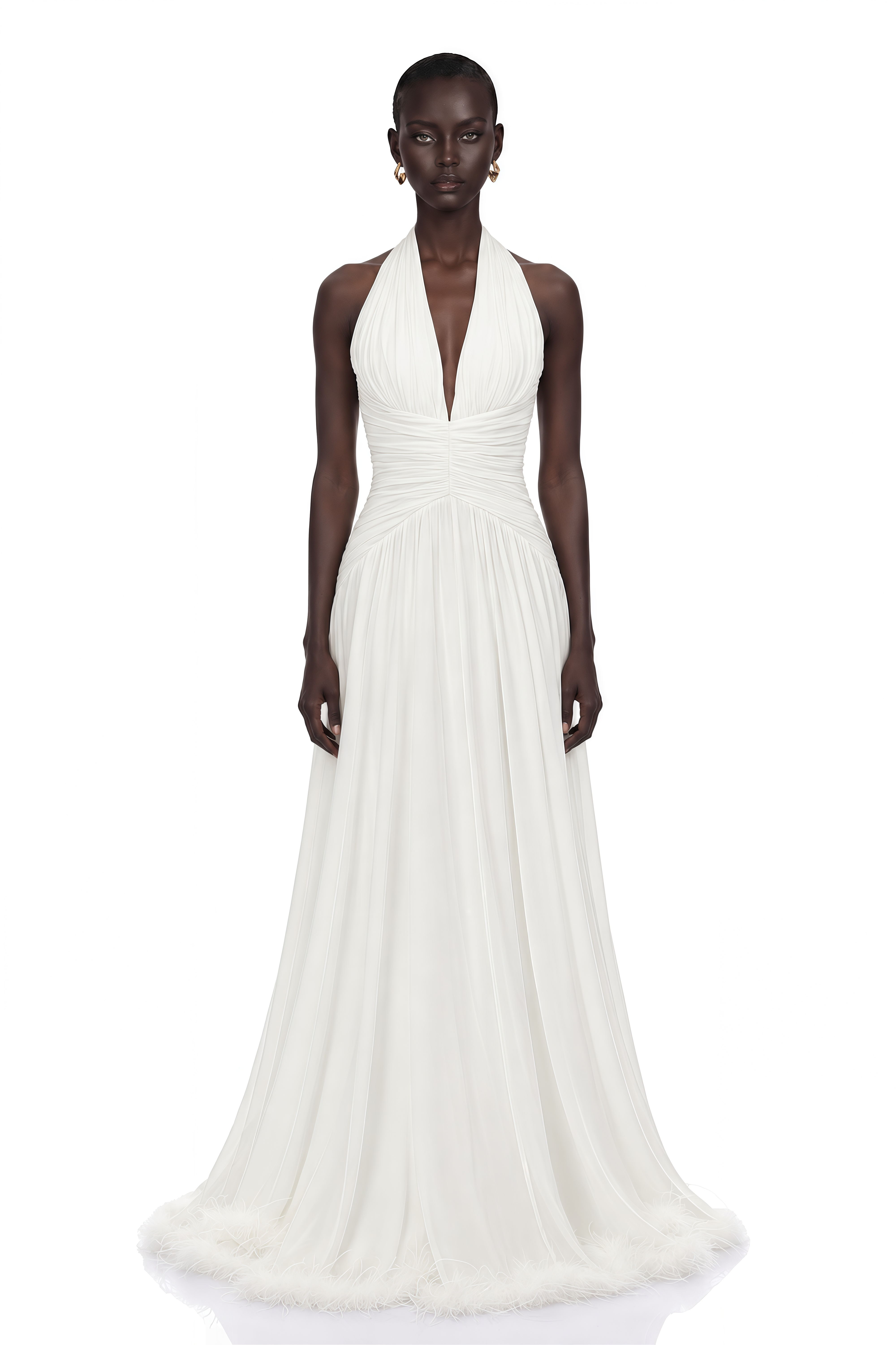 Ramona White Feather Hem Gathered Maxi Dress