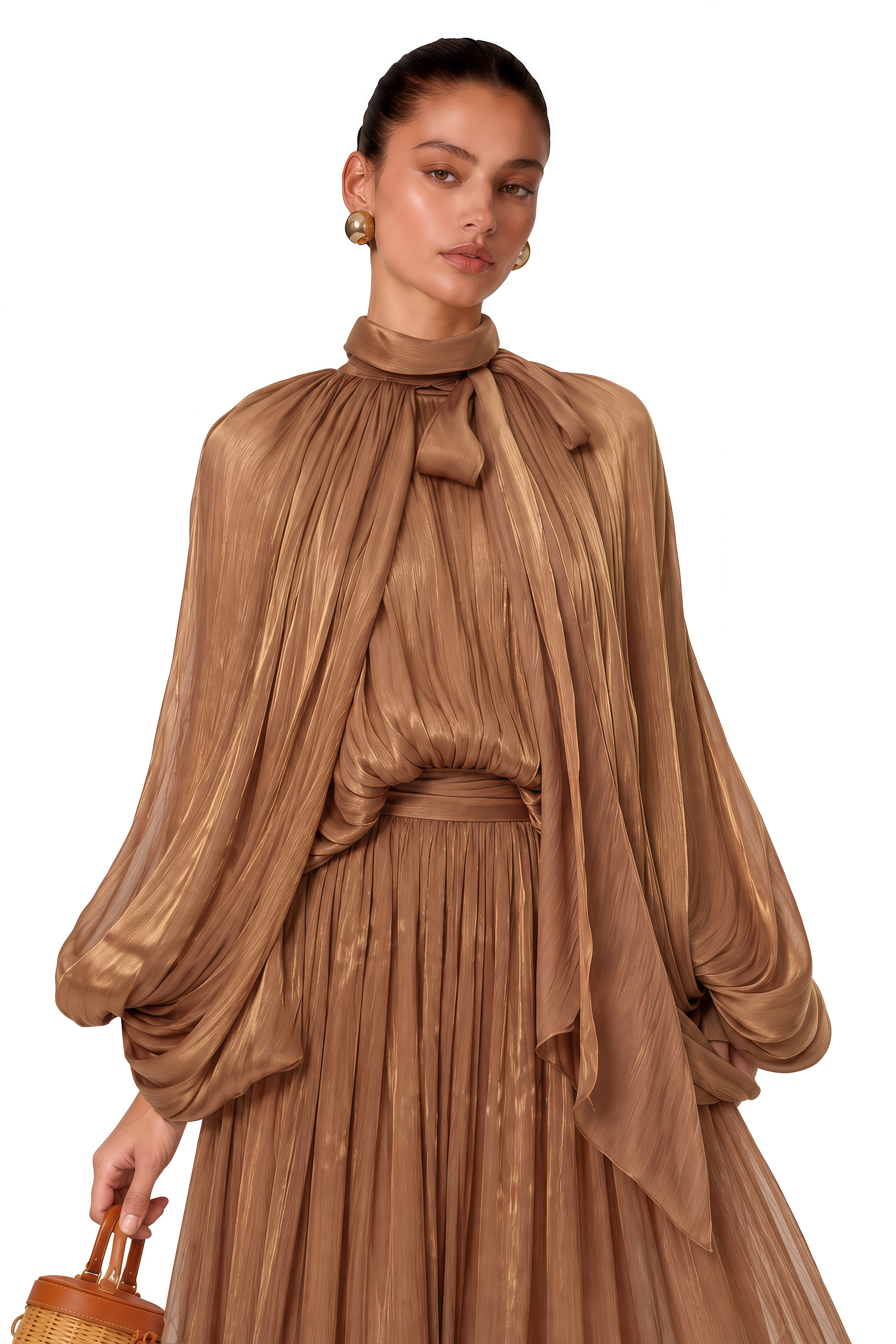 Mila Brown Pleated Satin Maxi Dress