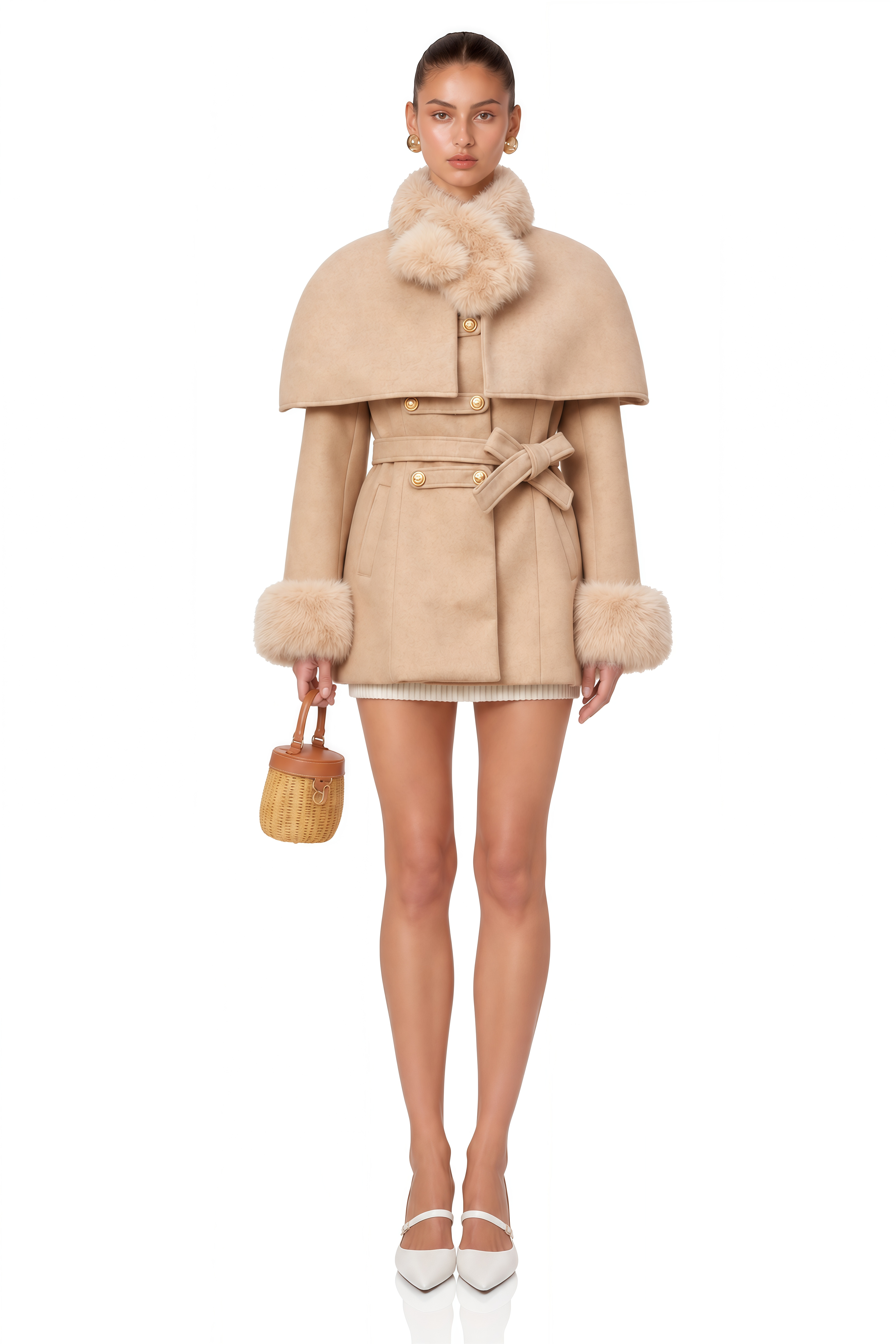 Rosella Detachable-Cape Faux-Fur Coat
