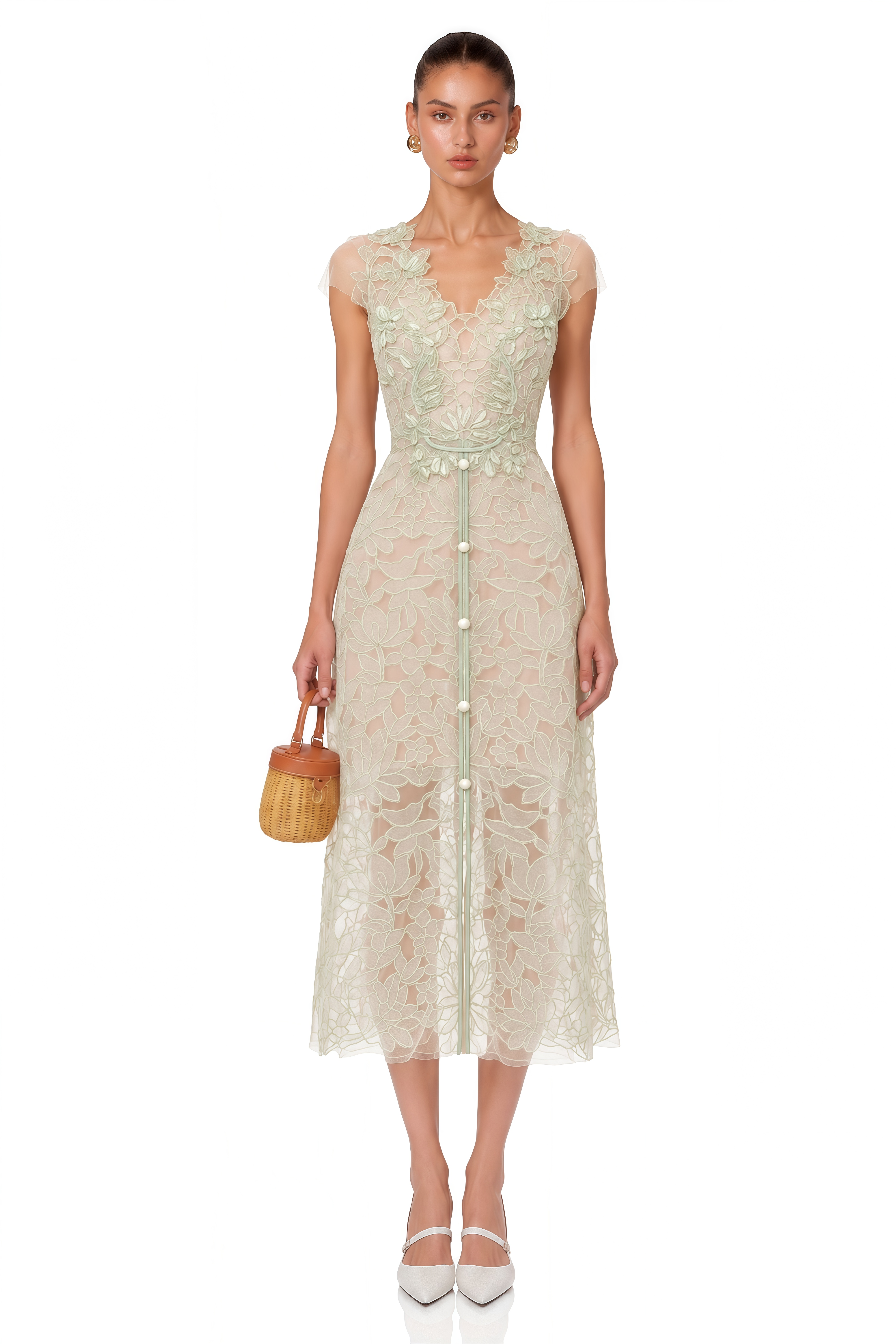 Linnea Green Floral Applique V-Neck Midi Dress
